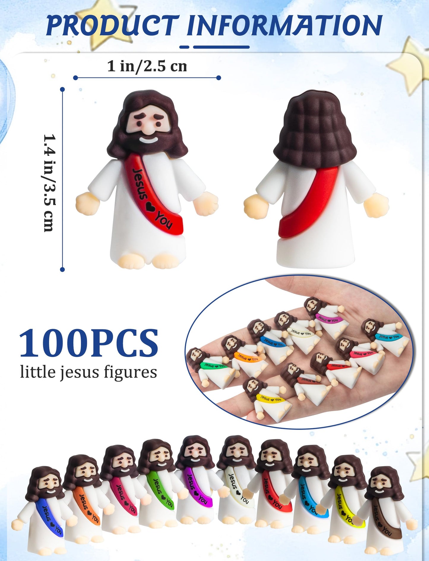 Vbiuox Little Jesus Figures — 100pcs Mini Resin Jesus Figurines in 10 Colors (1.4")