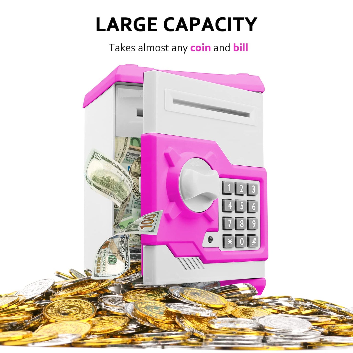 Vcertcpl ATM Piggy Bank for Kids – Mini Safe Money Jar with Password & Auto Bill Slot (Purple/White)