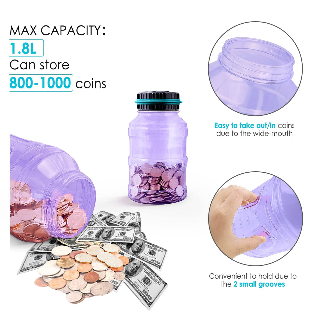 Vcertcpl Large Digital Coin Counting Piggy Bank – 1.8L Capacity, Purple