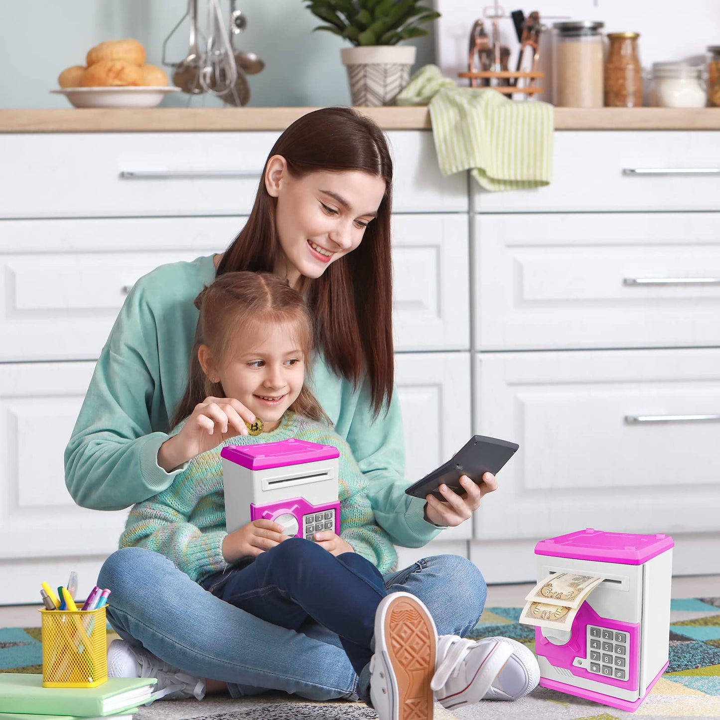 Vcertcpl ATM Piggy Bank for Kids – Mini Safe Money Jar with Password & Auto Bill Slot (Purple/White)