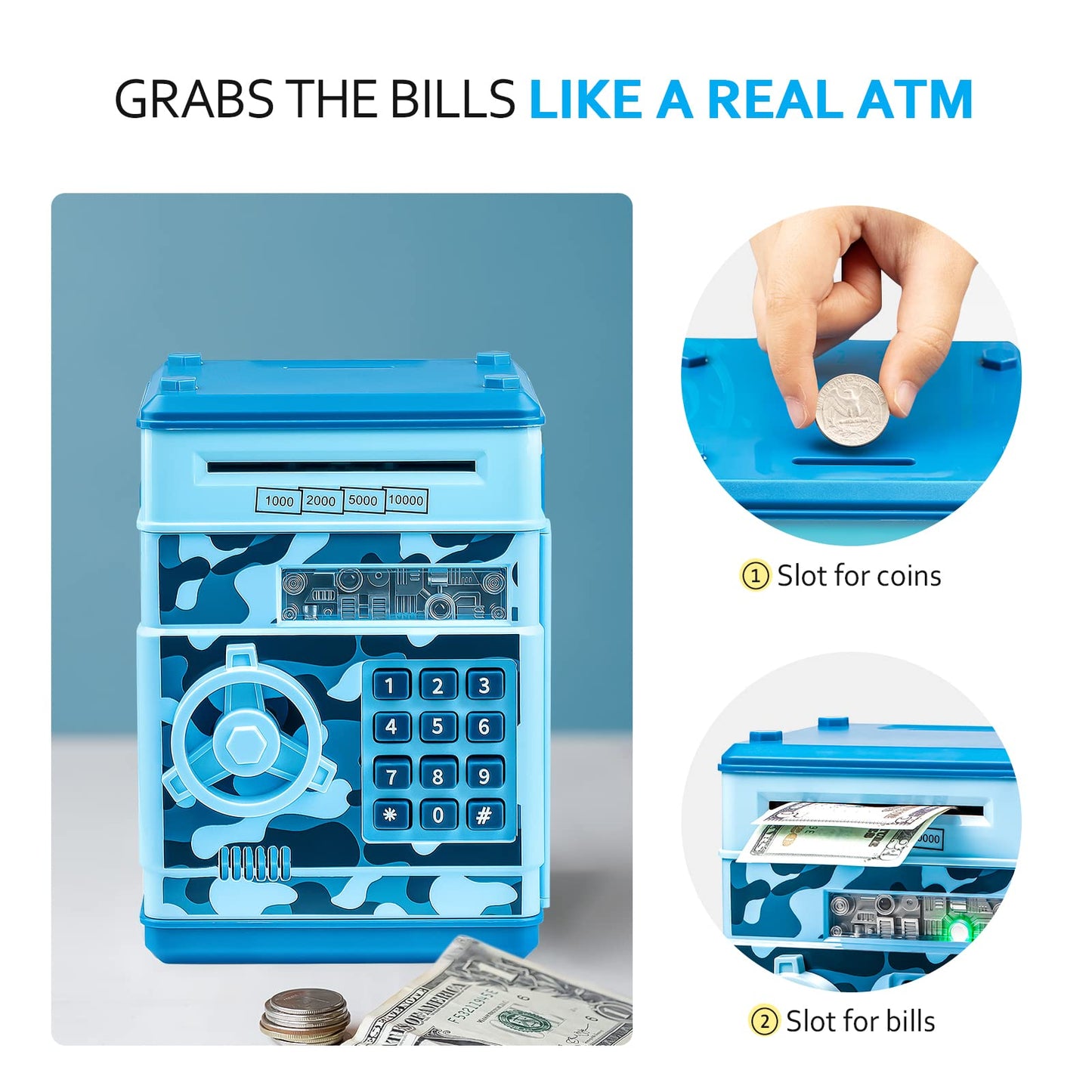 Vcertcpl ATM Piggy Bank – Camouflage Light Blue Safe Savings Box for Kids