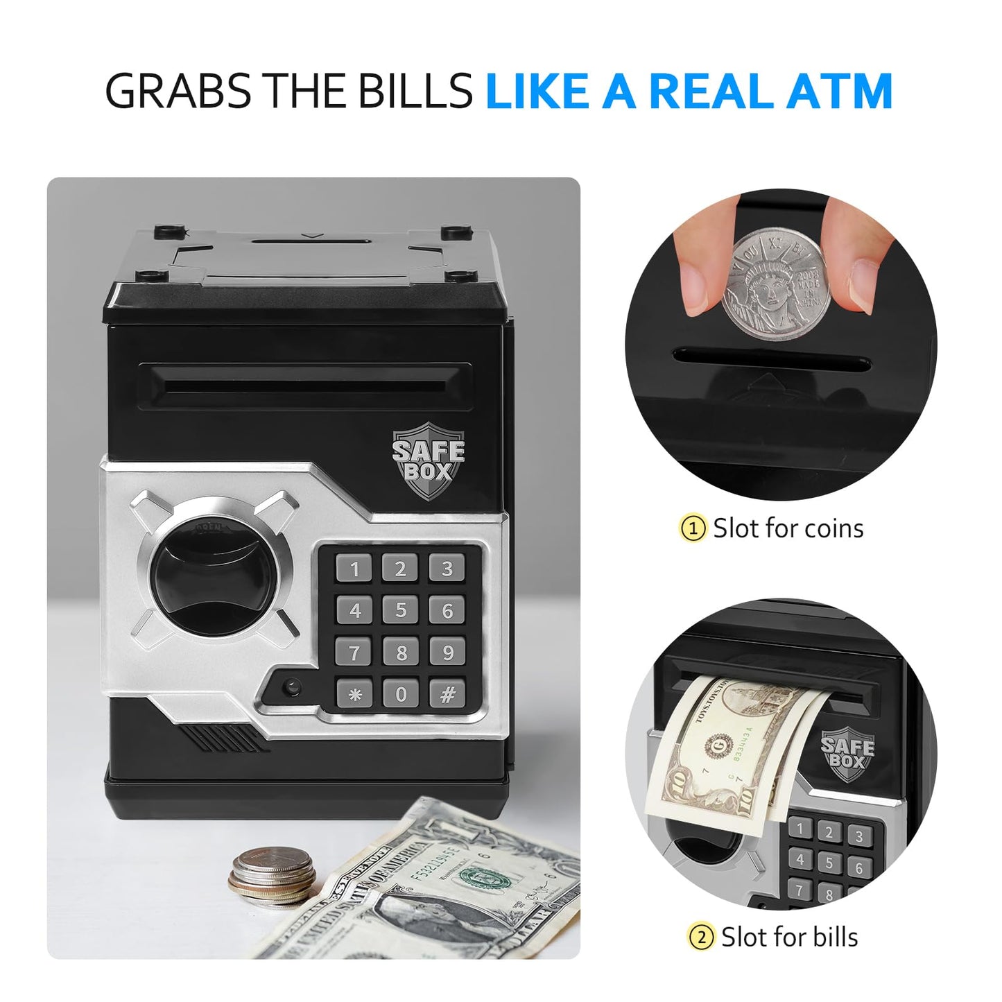Vcertcpl ATM Piggy Bank for Kids — 4-Digit Lock, Realistic ATM Money Box with Auto Bill Slot (Black & Silver)
