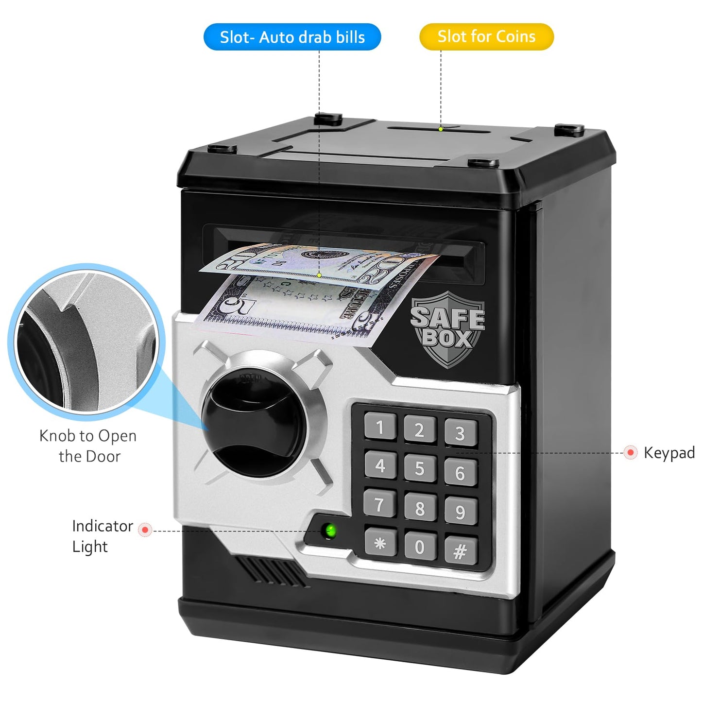 Vcertcpl ATM Piggy Bank for Kids — 4-Digit Lock, Realistic ATM Money Box with Auto Bill Slot (Black & Silver)