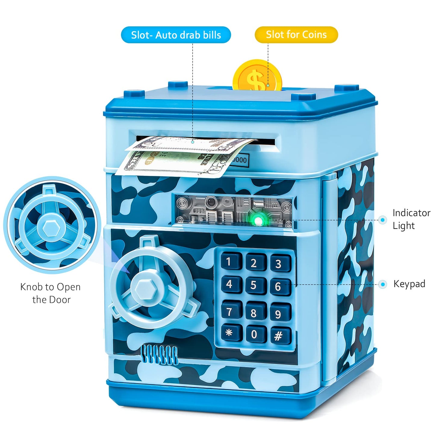 Vcertcpl ATM Piggy Bank – Camouflage Light Blue Safe Savings Box for Kids