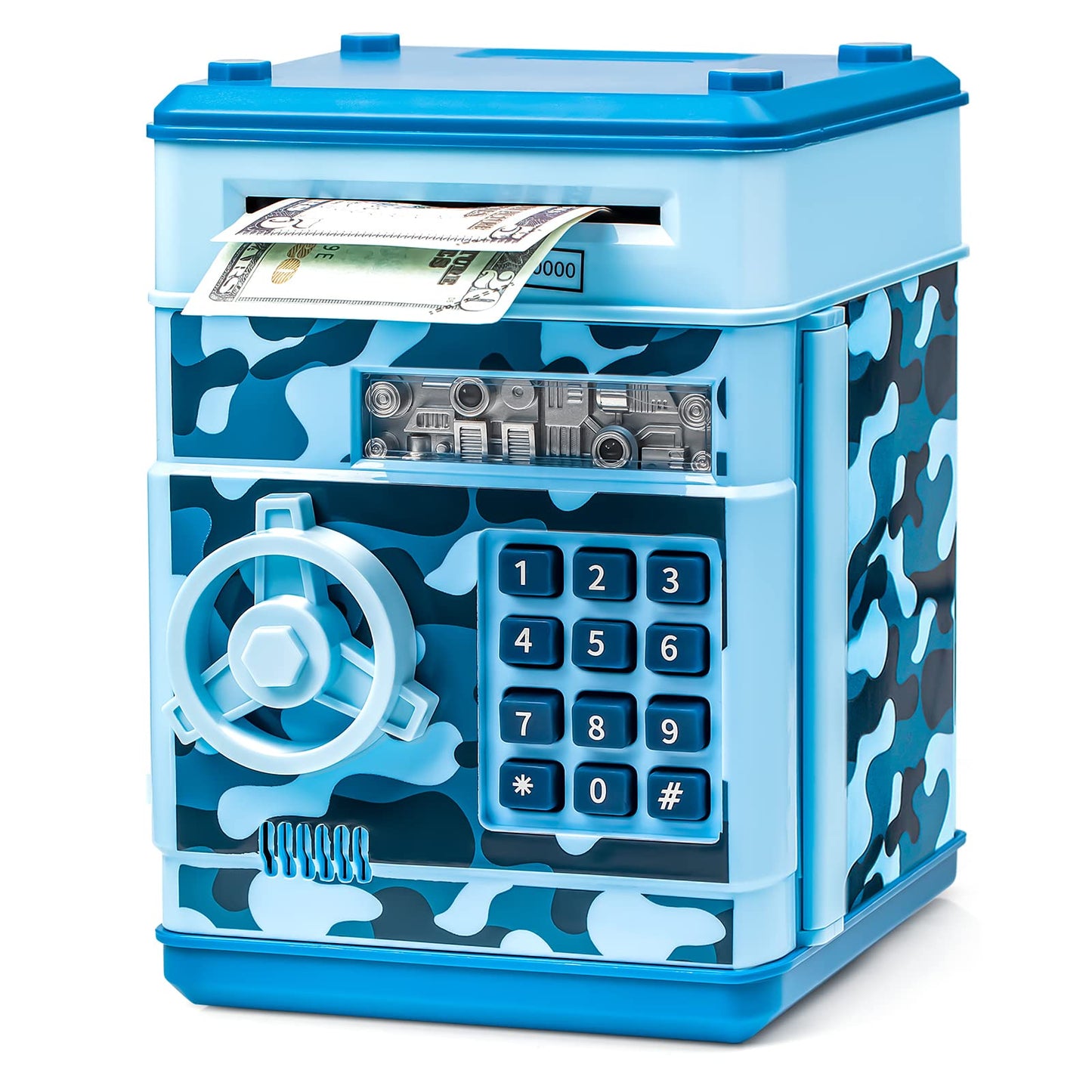 Vcertcpl ATM Piggy Bank – Camouflage Light Blue Safe Savings Box for Kids