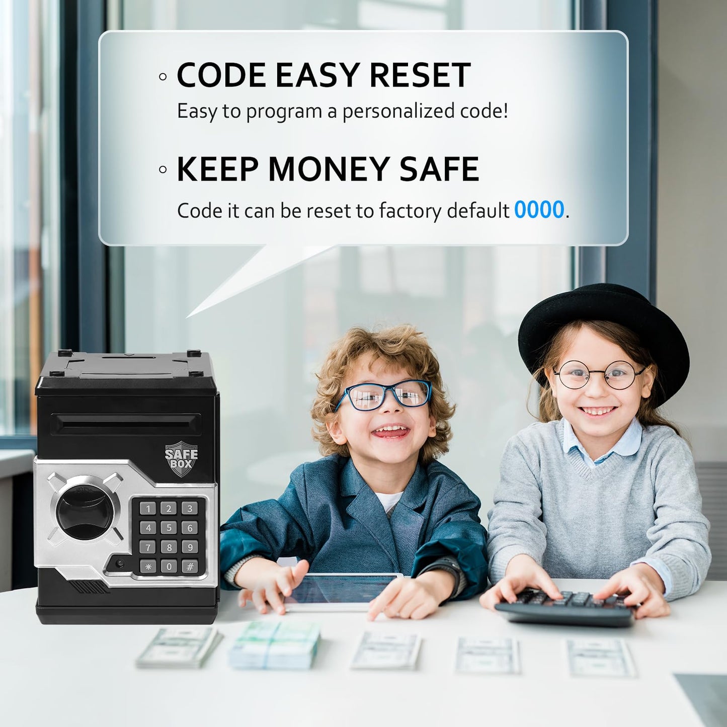 Vcertcpl ATM Piggy Bank for Kids — 4-Digit Lock, Realistic ATM Money Box with Auto Bill Slot (Black & Silver)