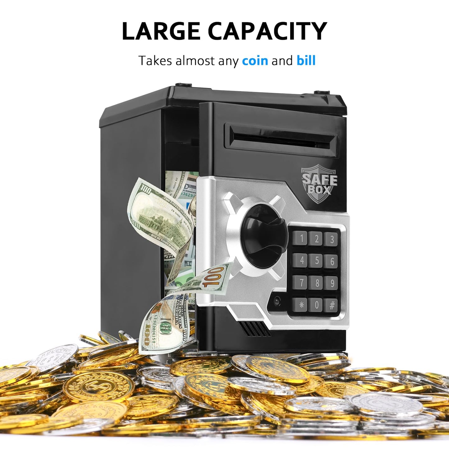 Vcertcpl ATM Piggy Bank for Kids — 4-Digit Lock, Realistic ATM Money Box with Auto Bill Slot (Black & Silver)