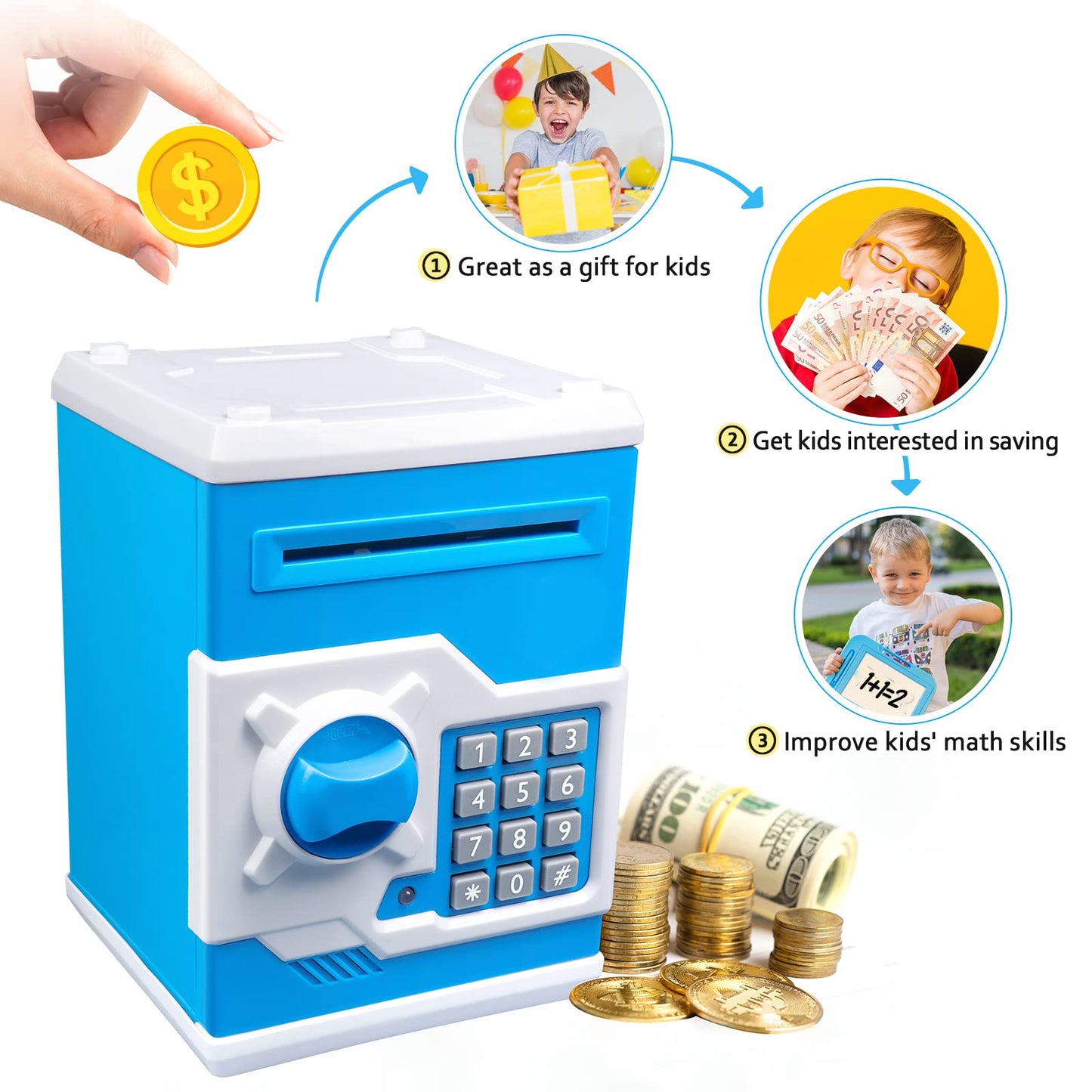 Vcertcpl ATM Piggy Bank for Kids — Password Safe Money Jar with Bill Slot