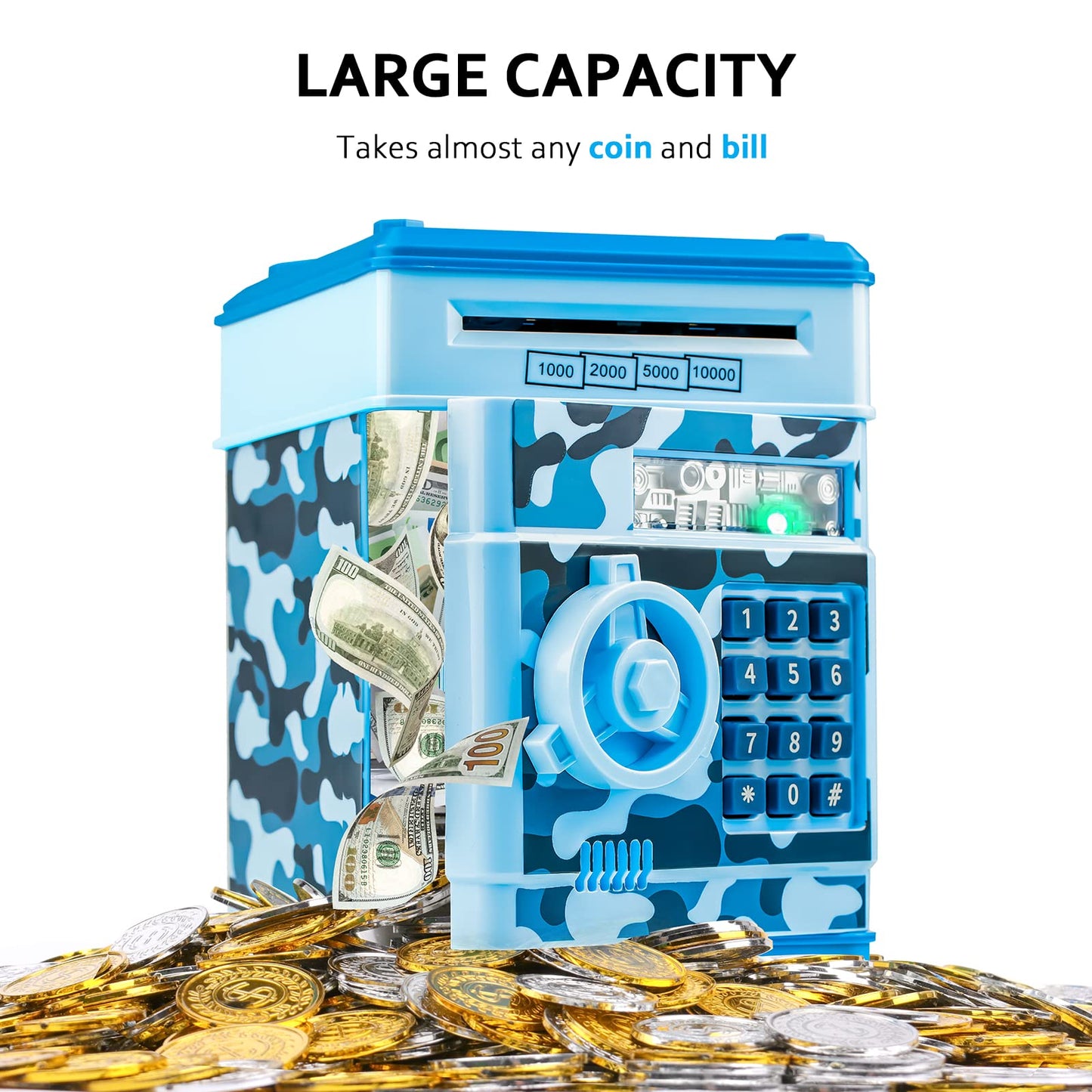 Vcertcpl ATM Piggy Bank – Camouflage Light Blue Safe Savings Box for Kids
