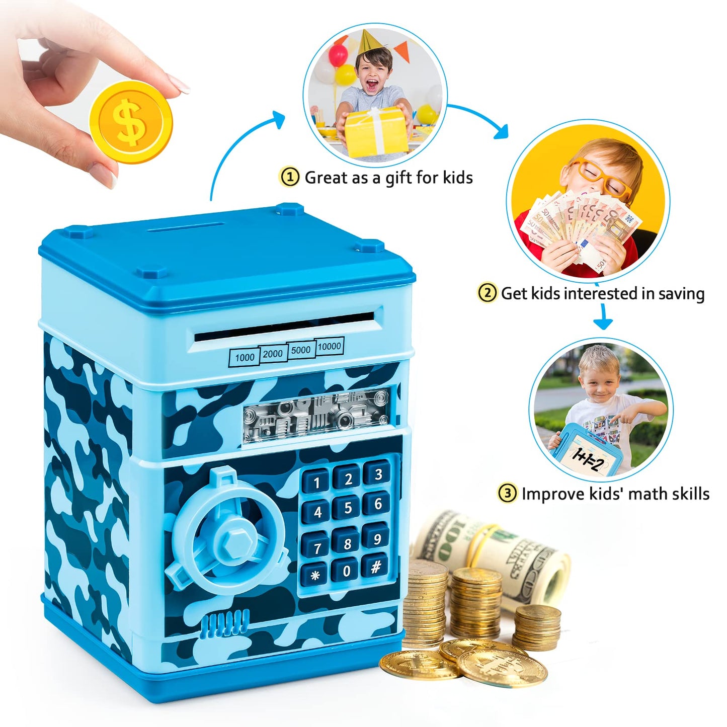 Vcertcpl ATM Piggy Bank – Camouflage Light Blue Safe Savings Box for Kids