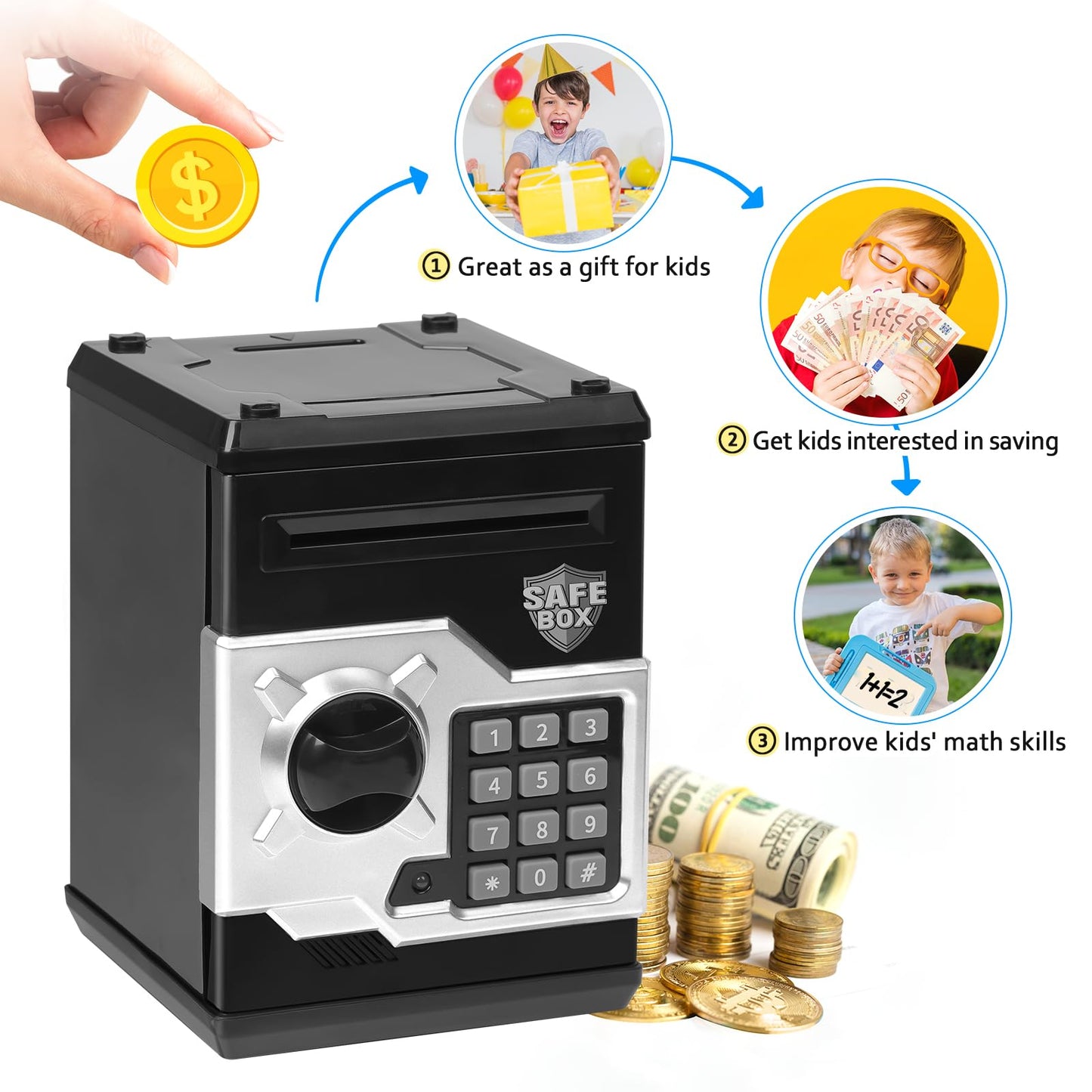 Vcertcpl ATM Piggy Bank for Kids — 4-Digit Lock, Realistic ATM Money Box with Auto Bill Slot (Black & Silver)