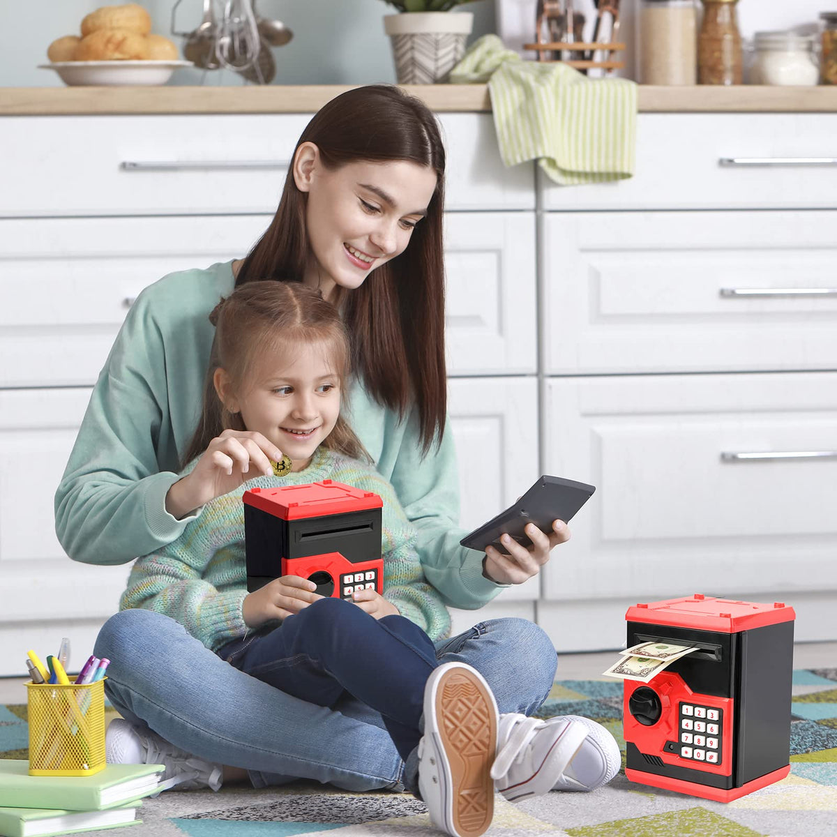 Vcertcpl ATM Piggy Bank for Kids – Mini Safe Money Box with 4-Digit Password