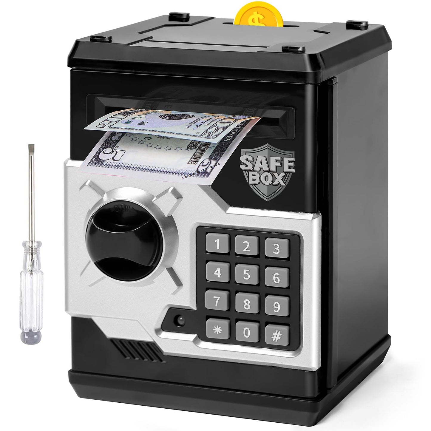 Vcertcpl ATM Piggy Bank for Kids — 4-Digit Lock, Realistic ATM Money Box with Auto Bill Slot (Black & Silver)
