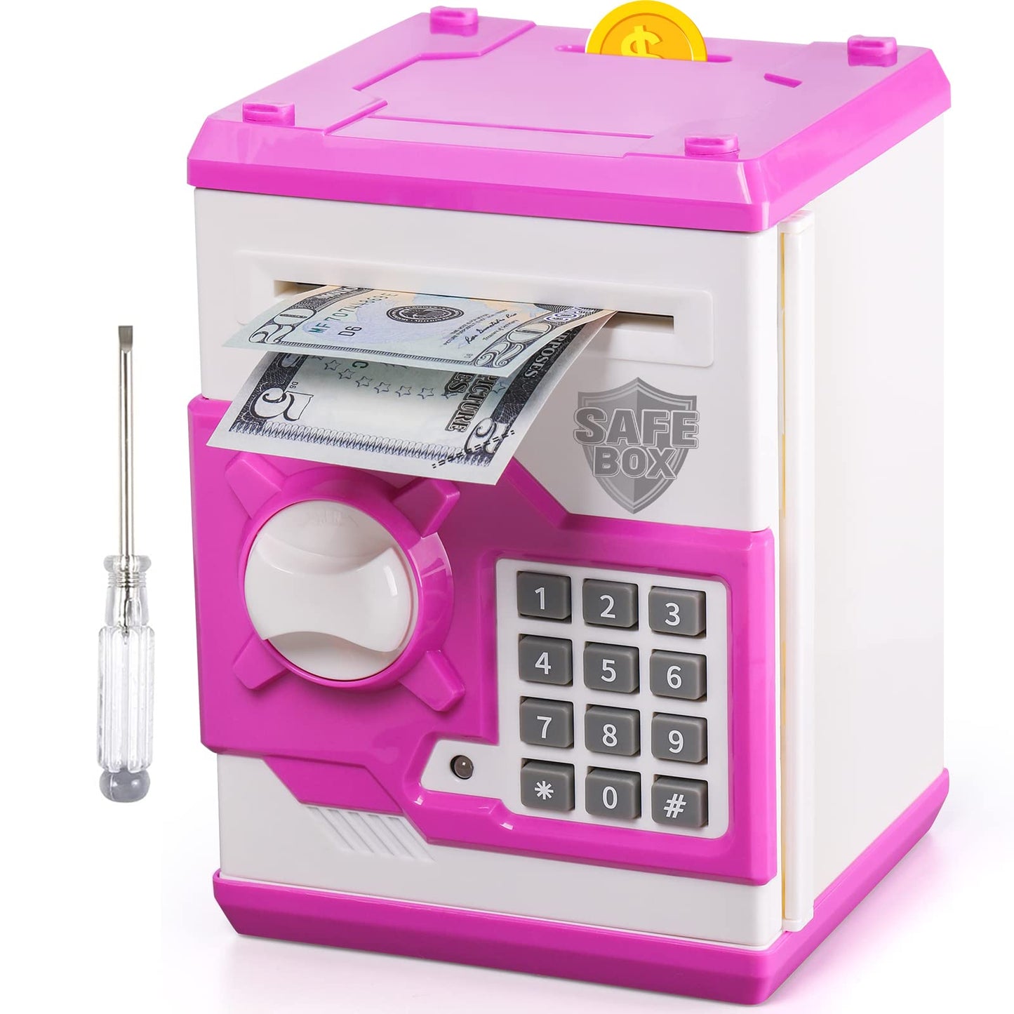Vcertcpl ATM Piggy Bank for Kids – Mini Safe Money Jar with Password & Auto Bill Slot (Purple/White)