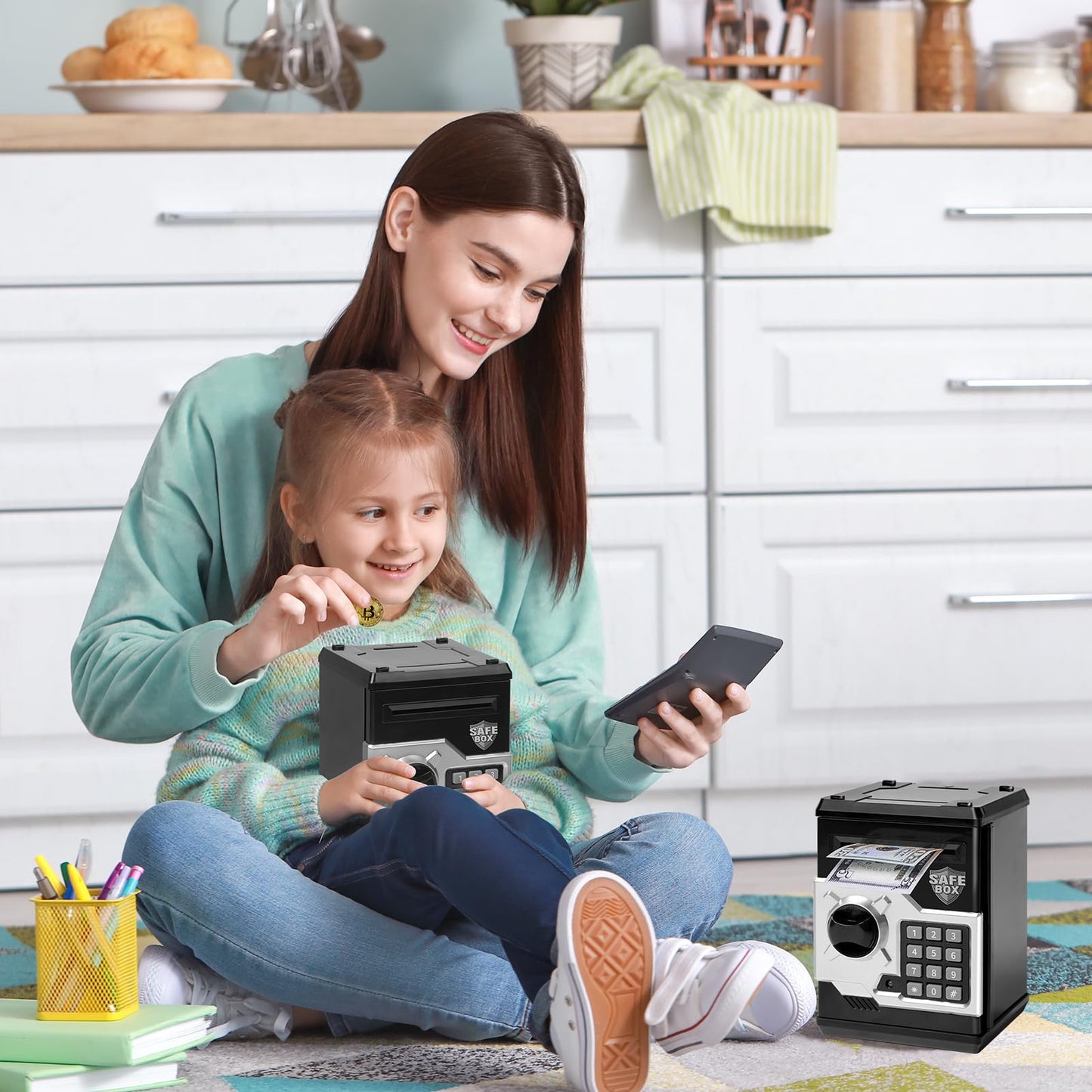 Vcertcpl ATM Piggy Bank for Kids — 4-Digit Lock, Realistic ATM Money Box with Auto Bill Slot (Black & Silver)