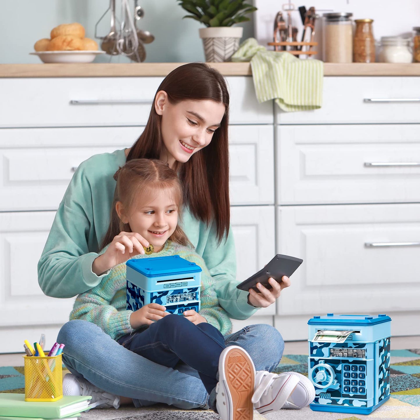 Vcertcpl ATM Piggy Bank – Camouflage Light Blue Safe Savings Box for Kids
