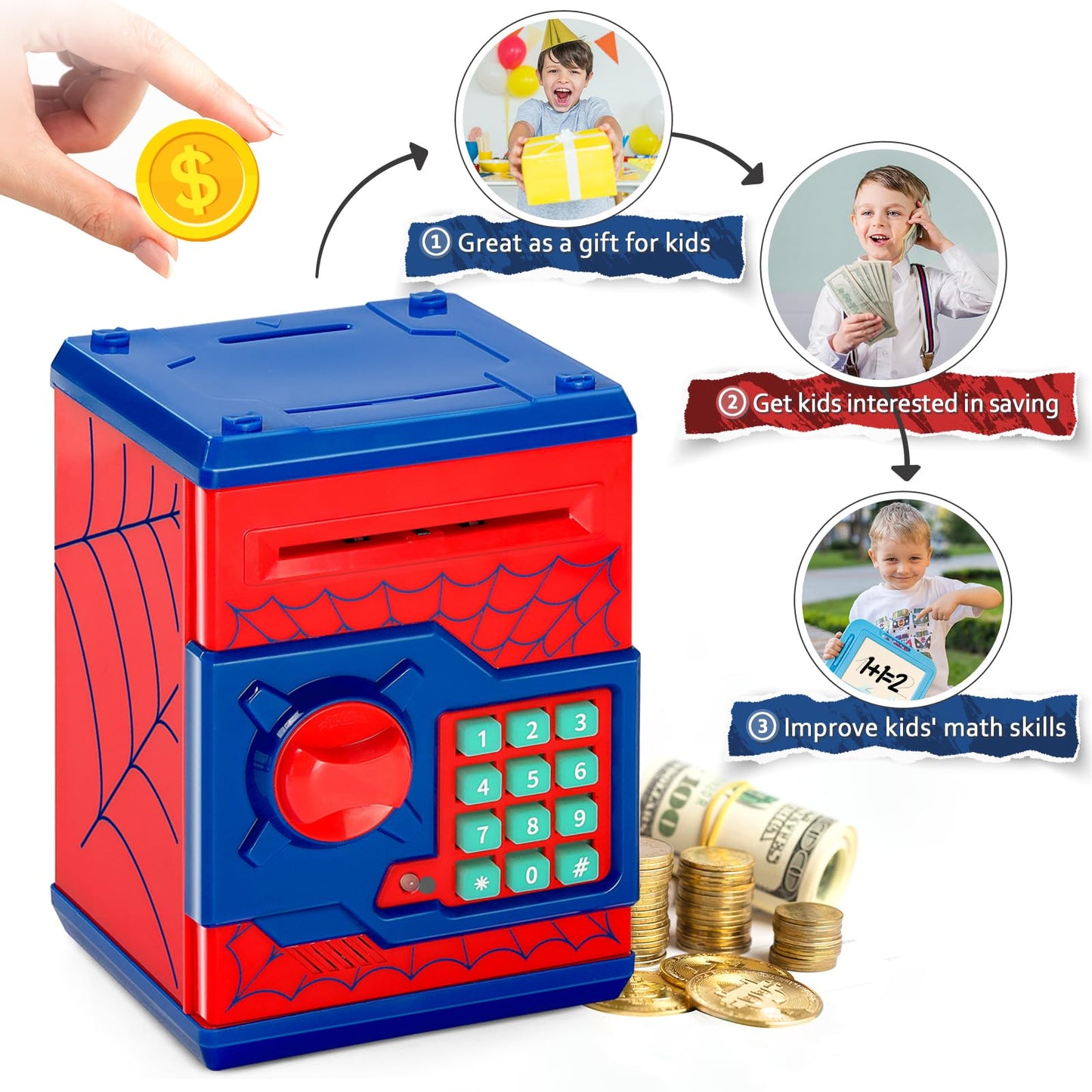 Vcertcpl ATM Piggy Bank for Kids - 4-Digit Code Safe Money Jar (Red)