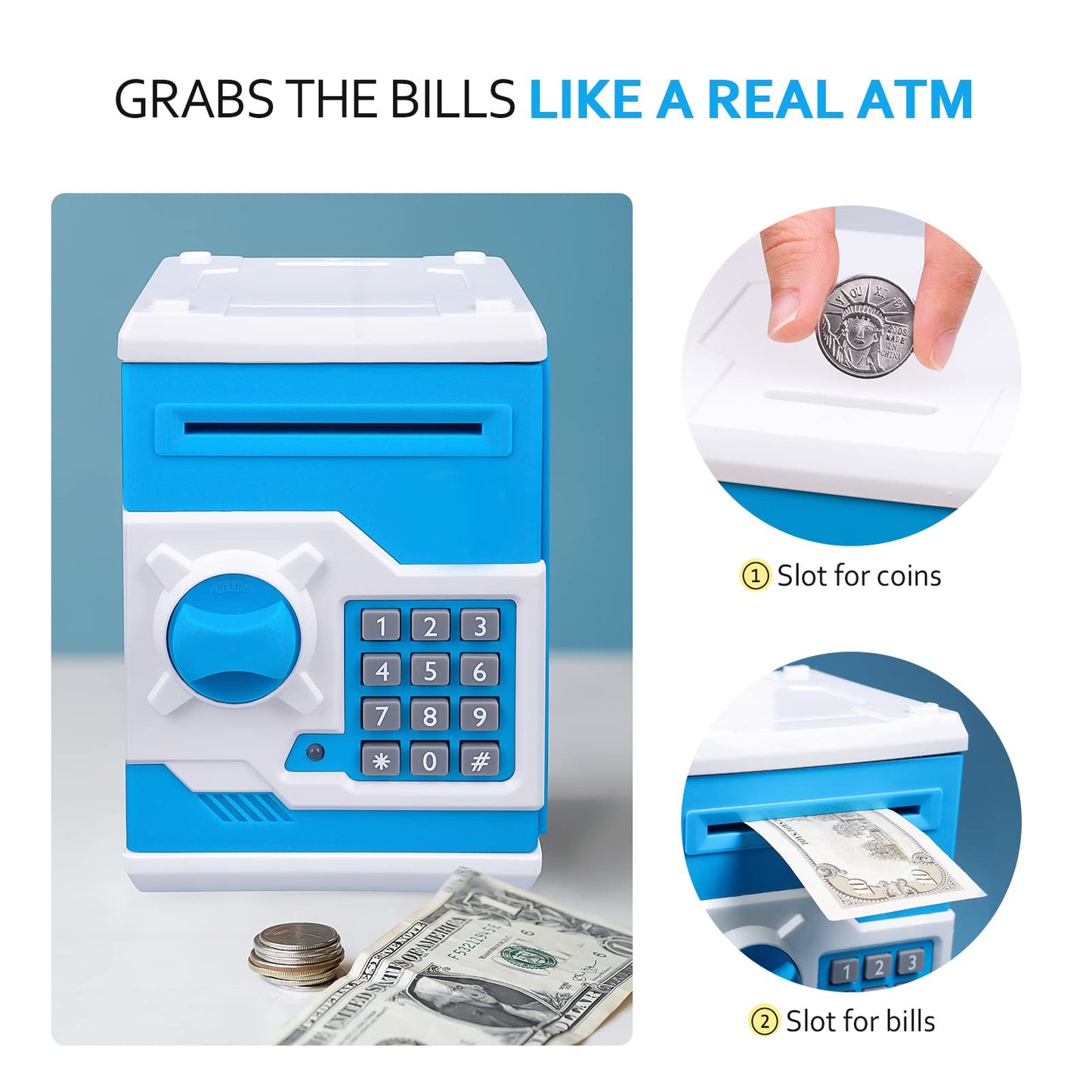 Vcertcpl ATM Piggy Bank for Kids — Password Safe Money Jar with Bill Slot