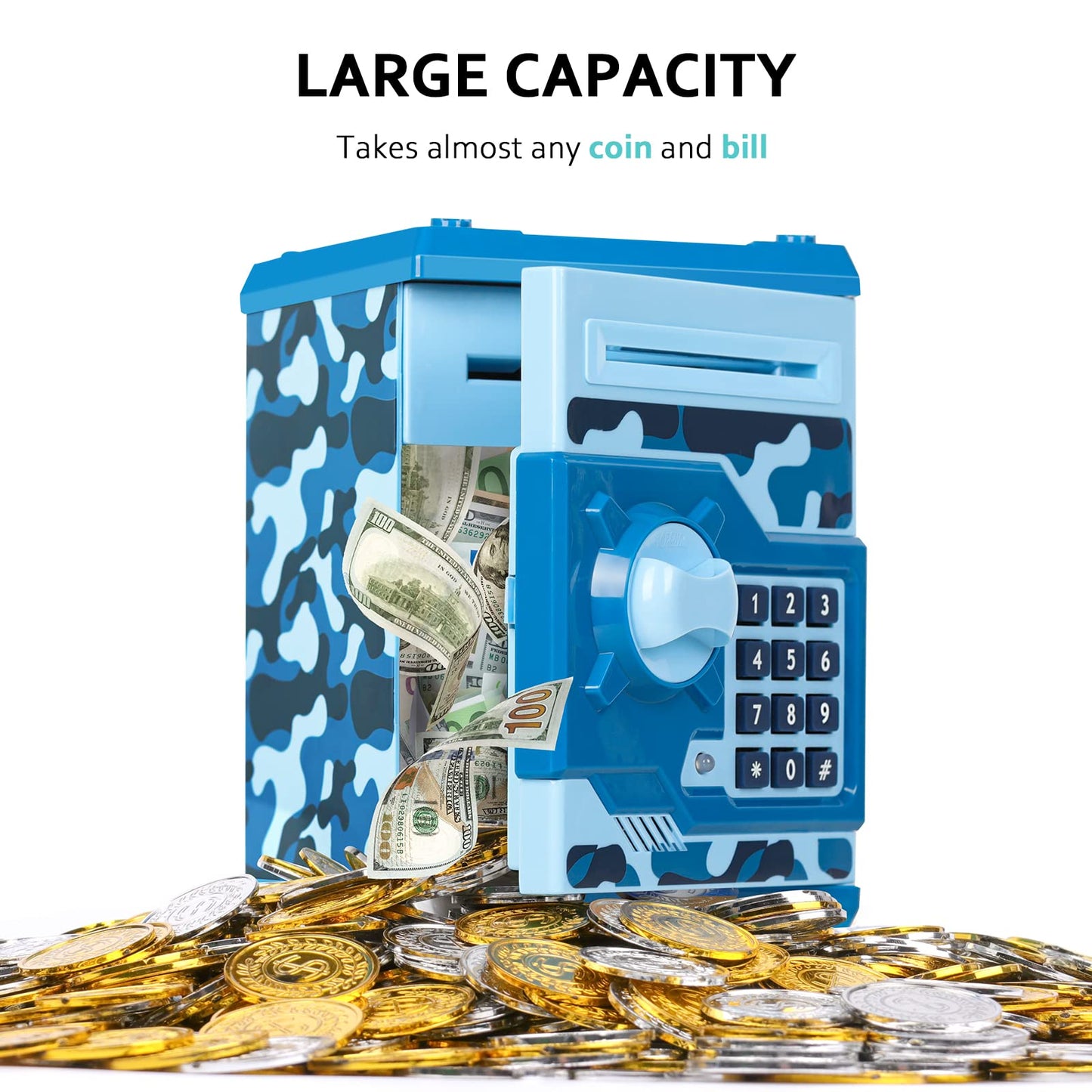 Vcertcpl ATM Piggy Bank for Kids – 4-Digit Code Safe with Auto Bill Slot (Camouflage Blue)