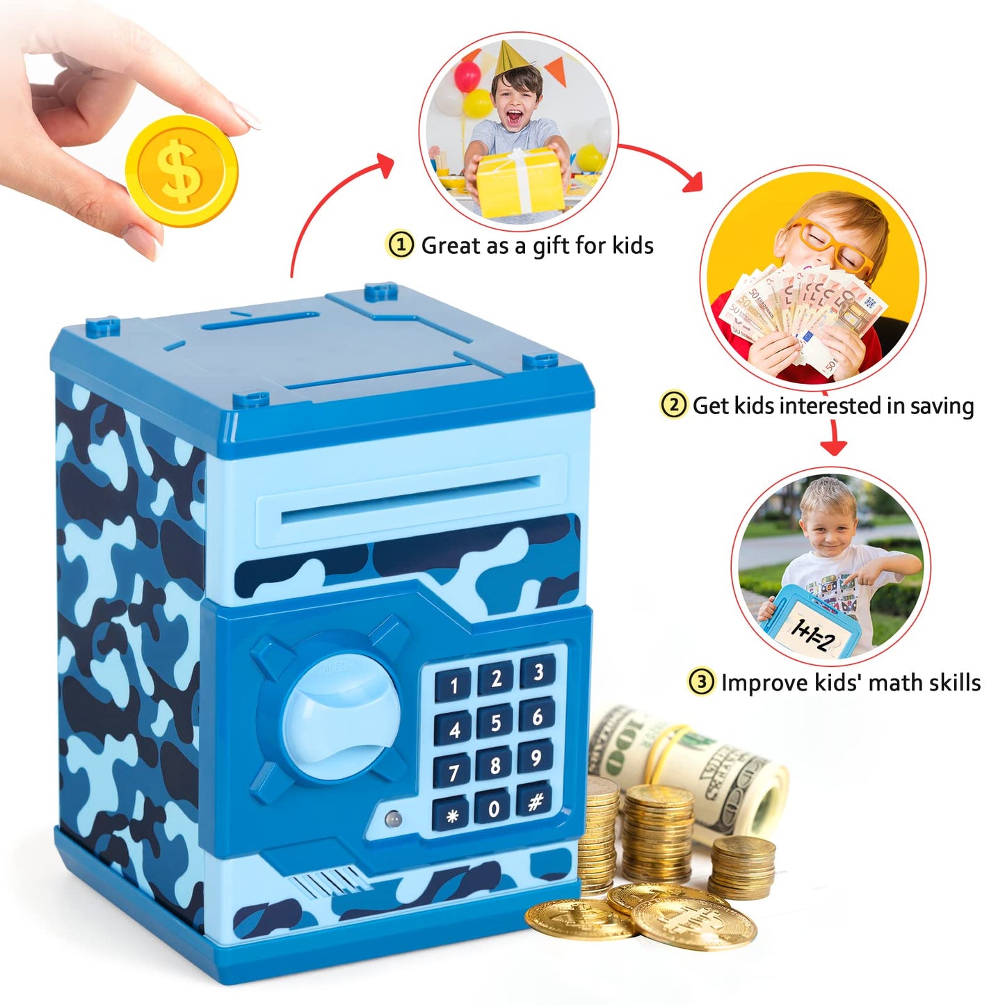 Vcertcpl ATM Piggy Bank for Kids – 4-Digit Code Safe with Auto Bill Slot (Camouflage Blue)