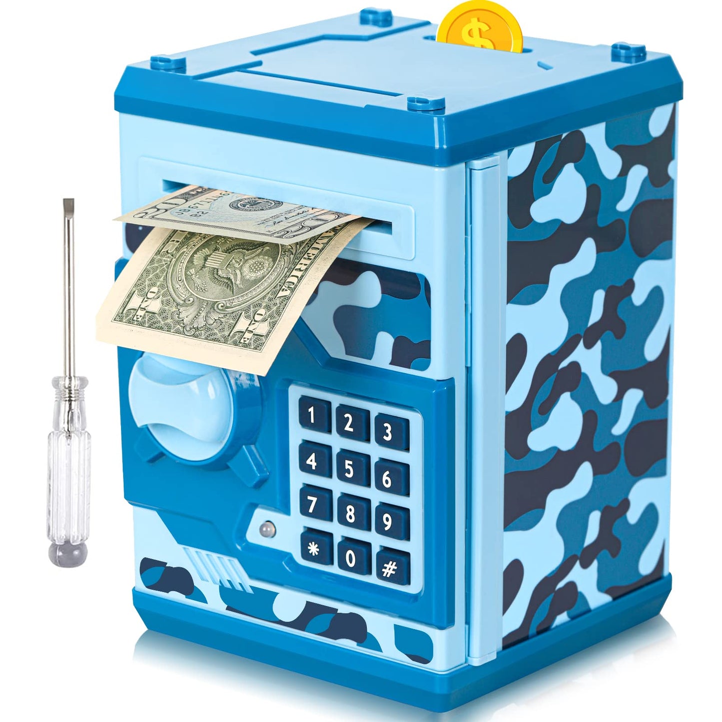 Vcertcpl ATM Piggy Bank for Kids – 4-Digit Code Safe with Auto Bill Slot (Camouflage Blue)