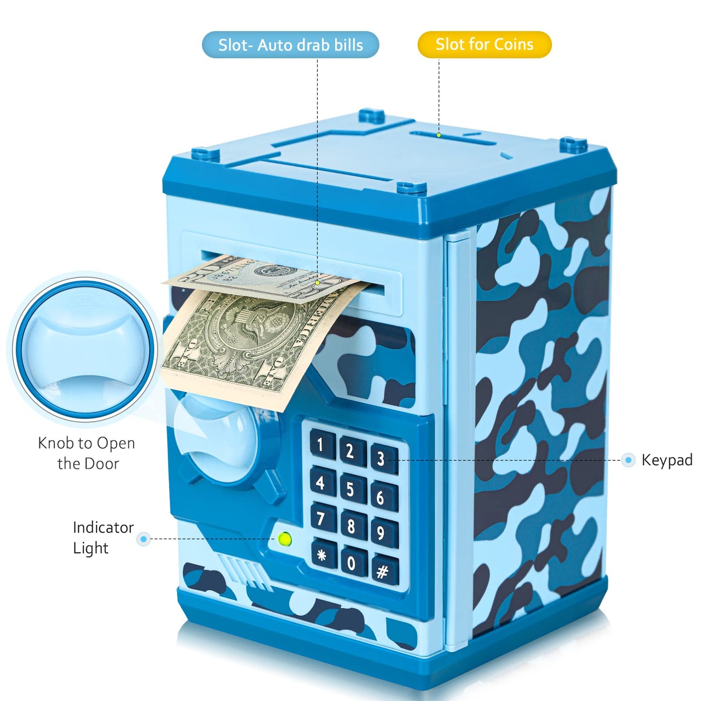 Vcertcpl ATM Piggy Bank for Kids – 4-Digit Code Safe with Auto Bill Slot (Camouflage Blue)