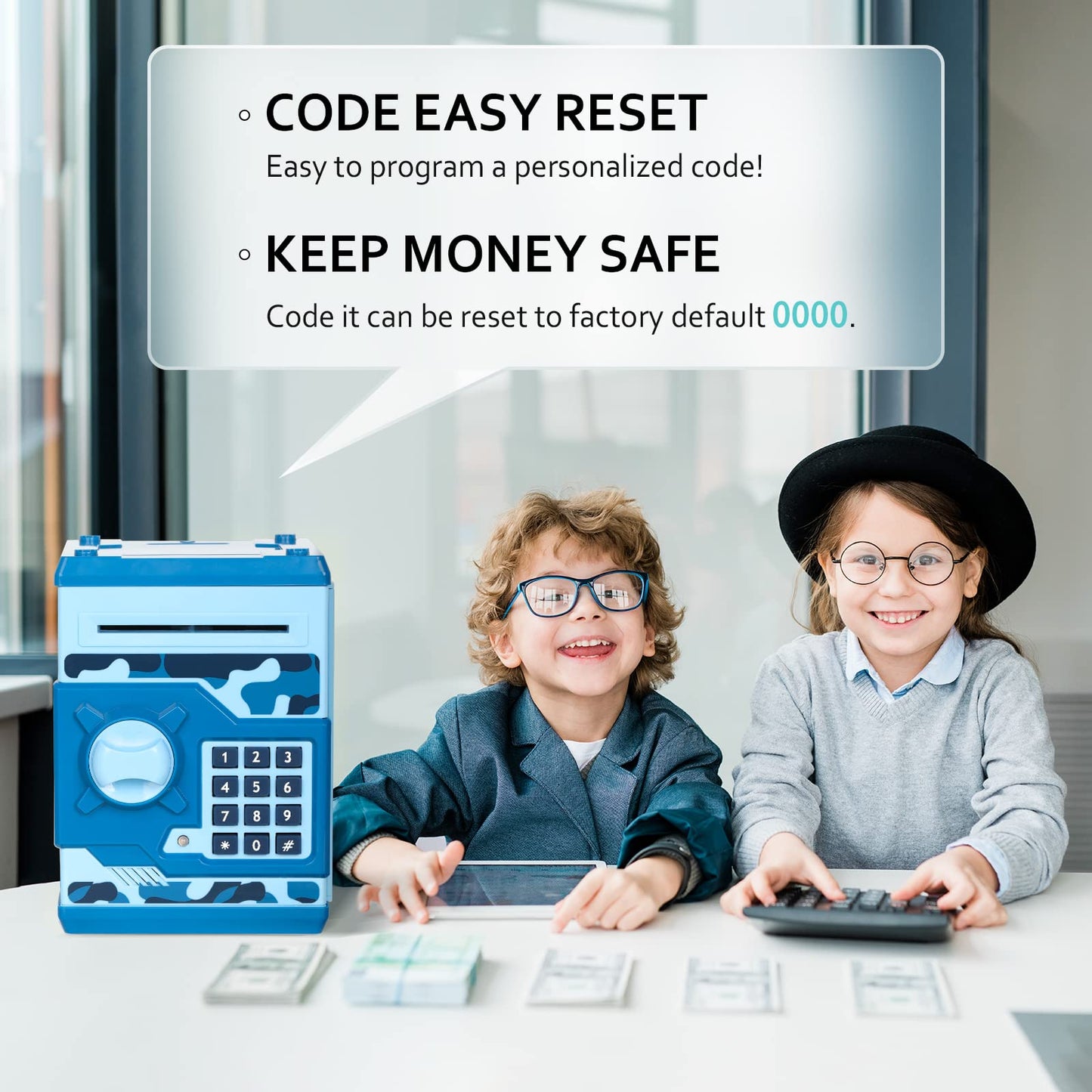Vcertcpl ATM Piggy Bank for Kids – 4-Digit Code Safe with Auto Bill Slot (Camouflage Blue)