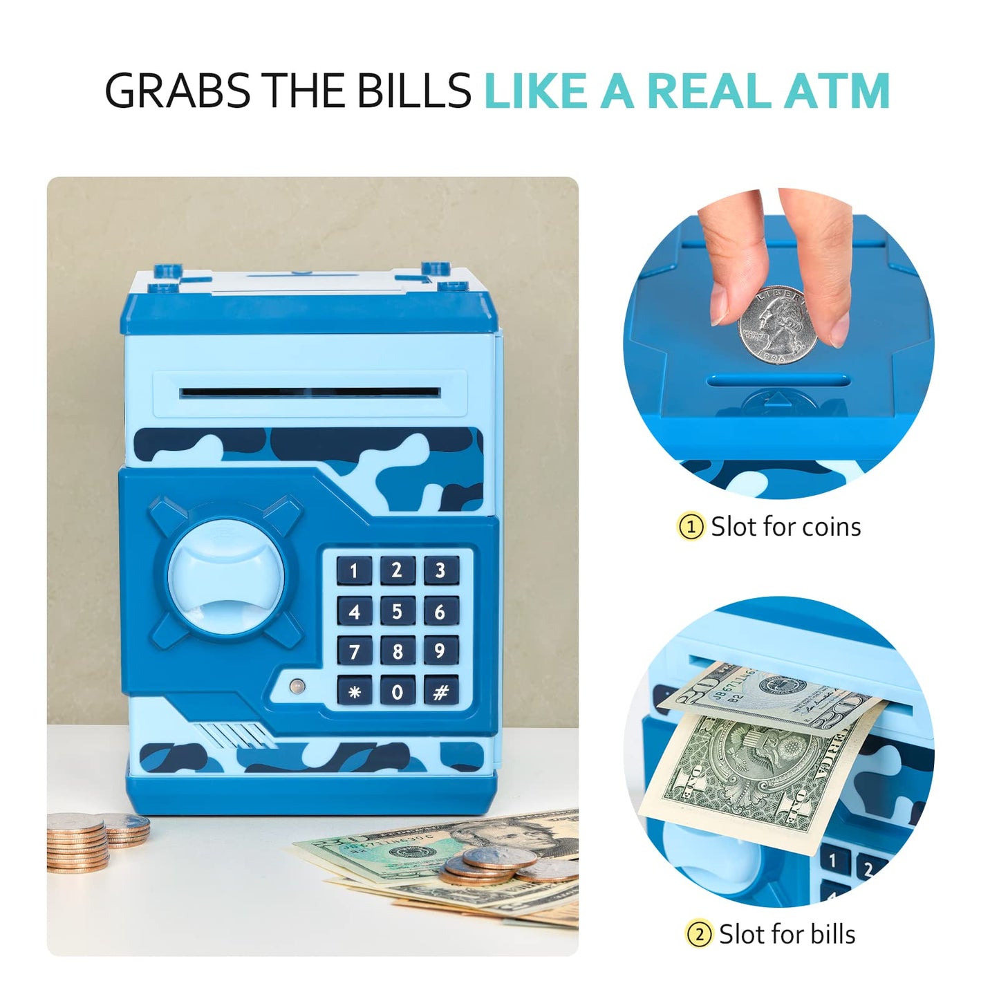 Vcertcpl ATM Piggy Bank for Kids – 4-Digit Code Safe with Auto Bill Slot (Camouflage Blue)