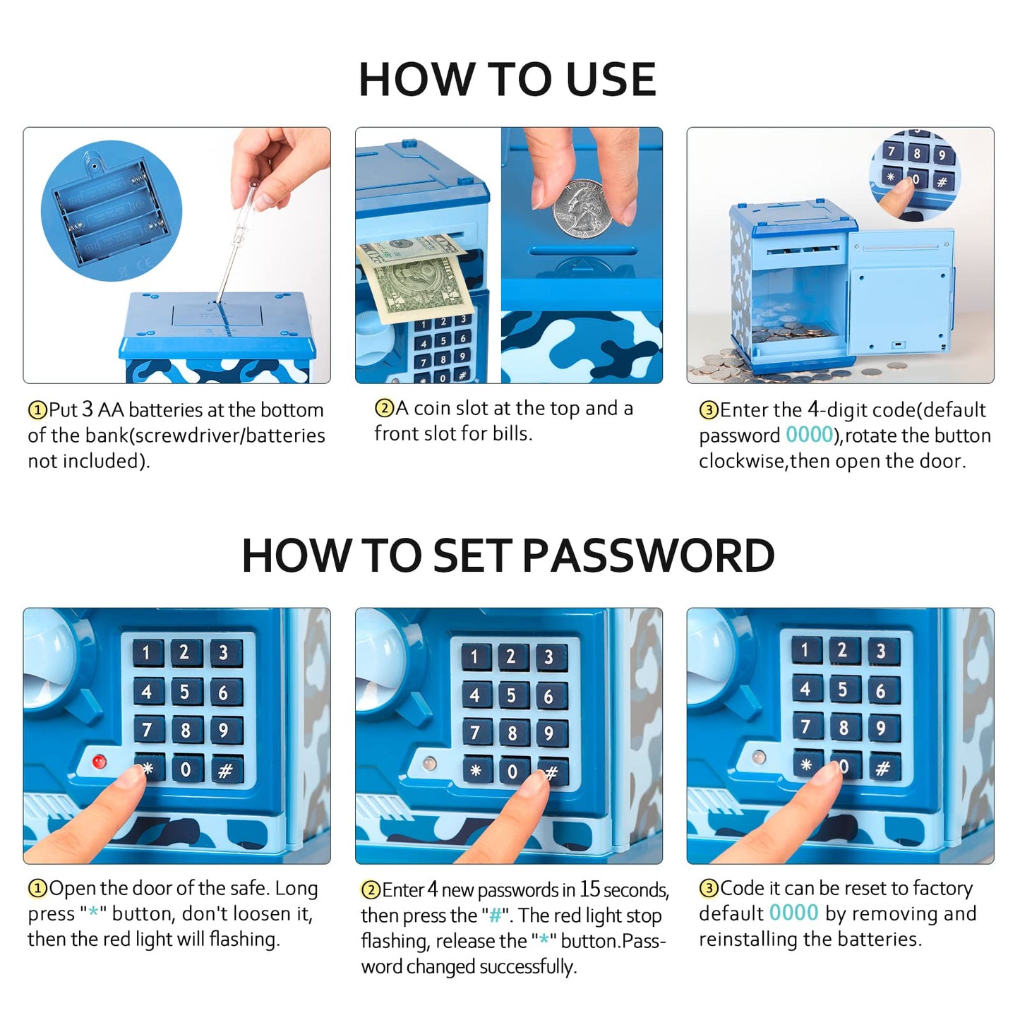 Vcertcpl ATM Piggy Bank for Kids – 4-Digit Code Safe with Auto Bill Slot (Camouflage Blue)
