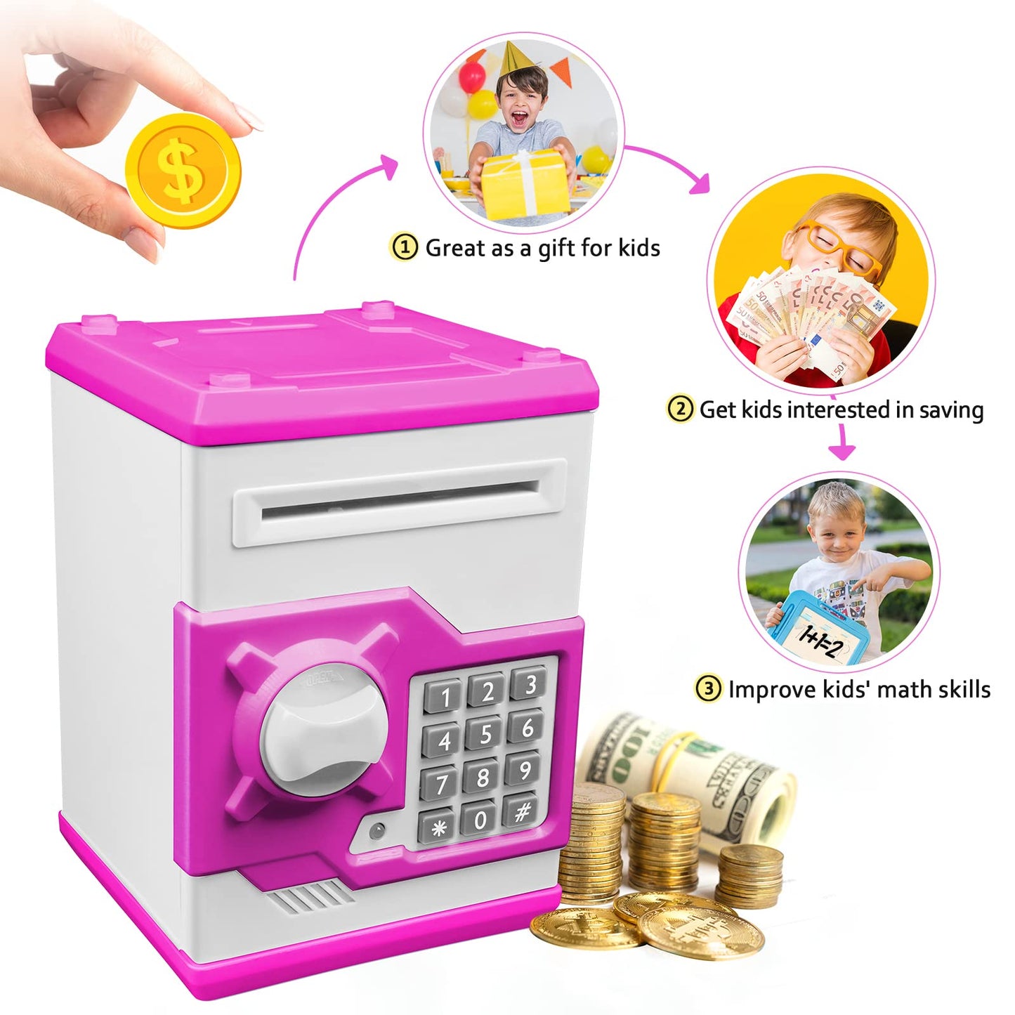 Vcertcpl ATM Piggy Bank for Kids – Mini Safe Money Jar with Password & Auto Bill Slot (Purple/White)