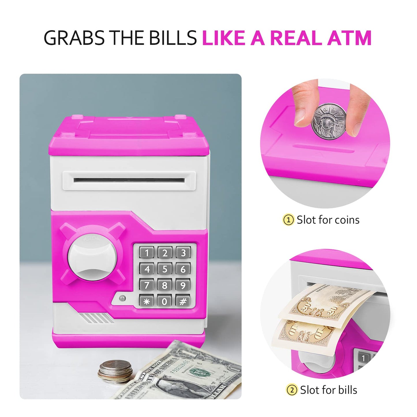 Vcertcpl ATM Piggy Bank for Kids – Mini Safe Money Jar with Password & Auto Bill Slot (Purple/White)