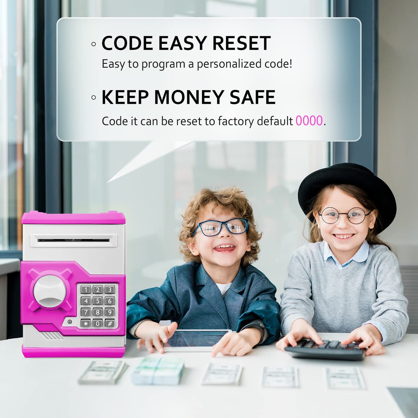 Vcertcpl ATM Piggy Bank for Kids – Mini Safe Money Jar with Password & Auto Bill Slot (Purple/White)
