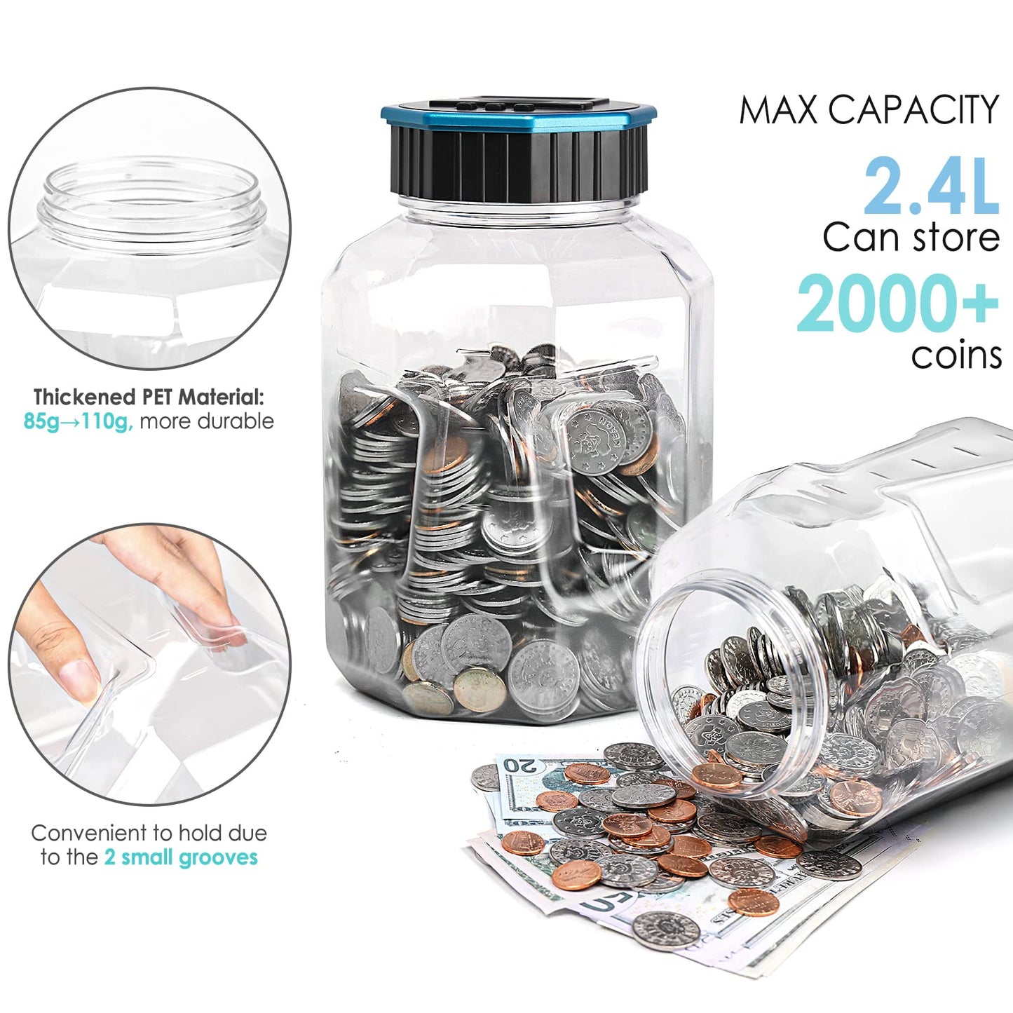 Vcertcpl X-Large Digital Coin Counter Piggy Bank | 2.4L Capacity, LCD Display