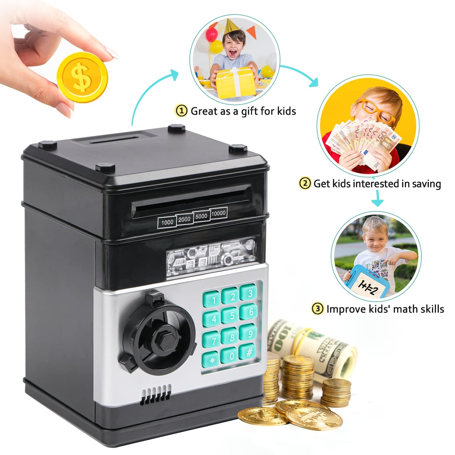 Vcertcpl Piggy Bank ATM with 4-Digit Code – Safe Money Jar for Kids