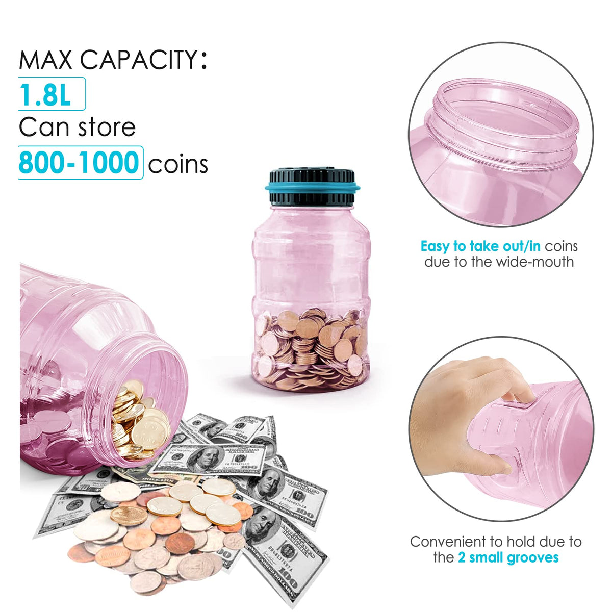 Vcertcpl Large Pink Piggy Bank | 1.8L Digital Coin Counter for US Coins
