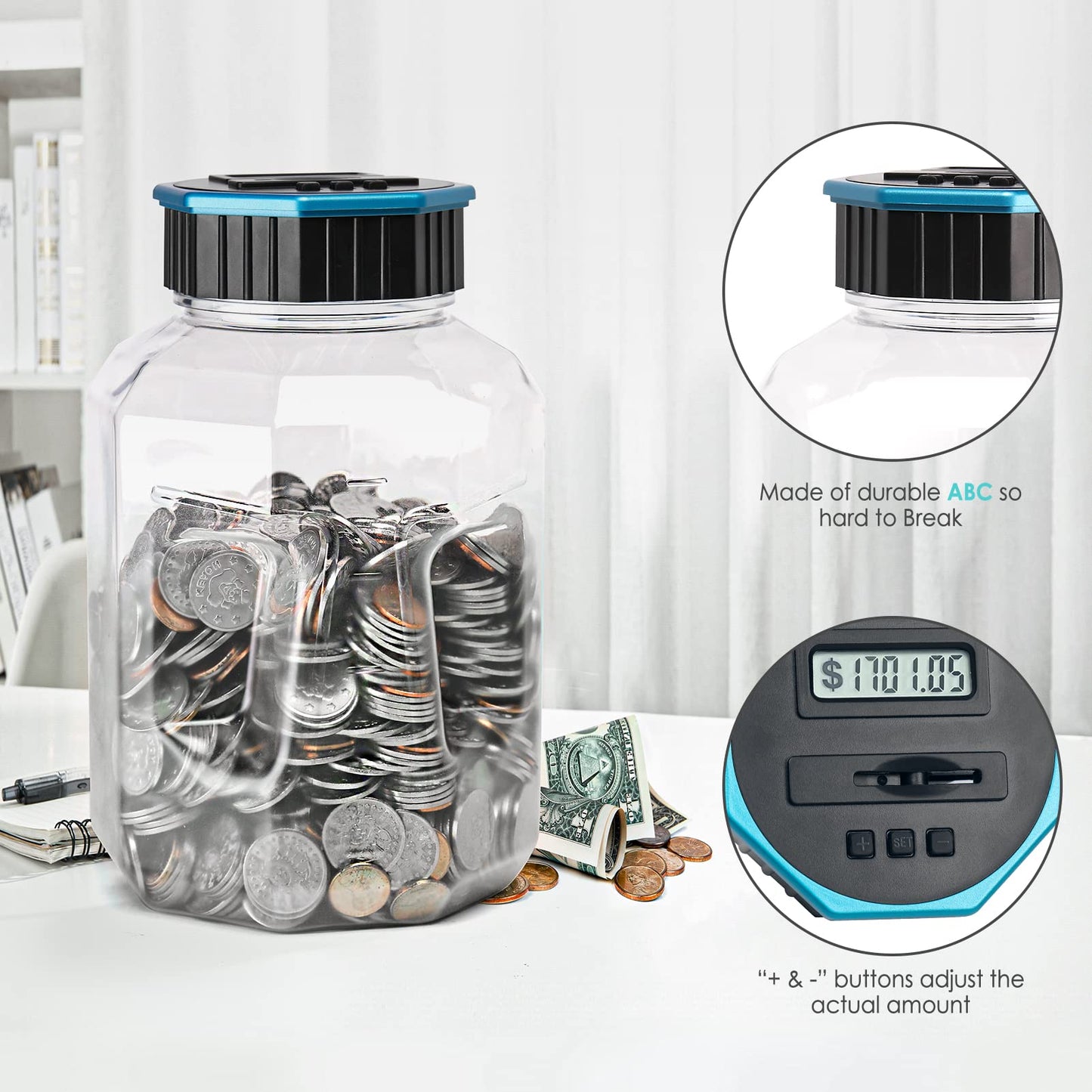 Vcertcpl X-Large Digital Coin Counter Piggy Bank | 2.4L Capacity, LCD Display