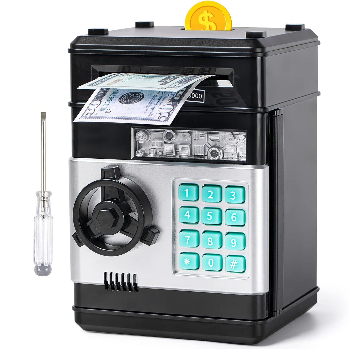 Vcertcpl Piggy Bank ATM with 4-Digit Code – Safe Money Jar for Kids