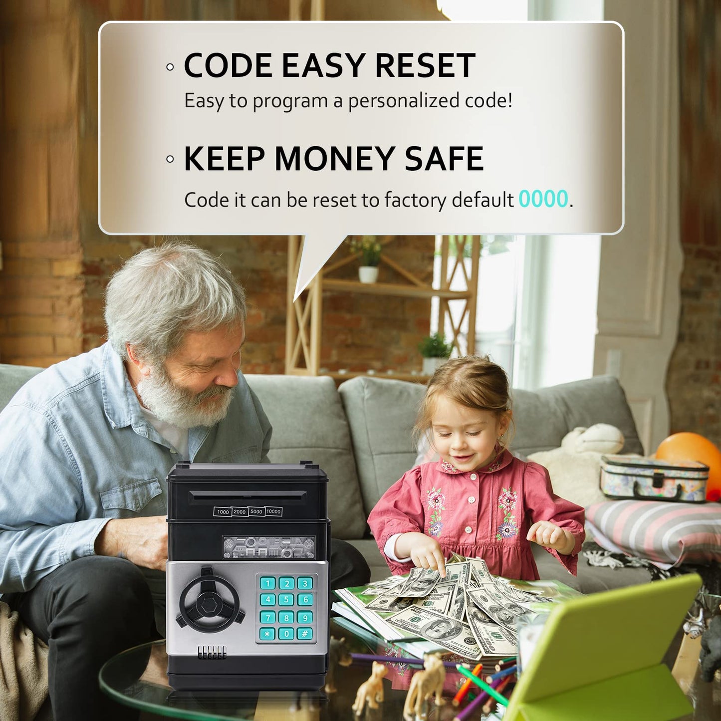 Vcertcpl Piggy Bank ATM with 4-Digit Code – Safe Money Jar for Kids