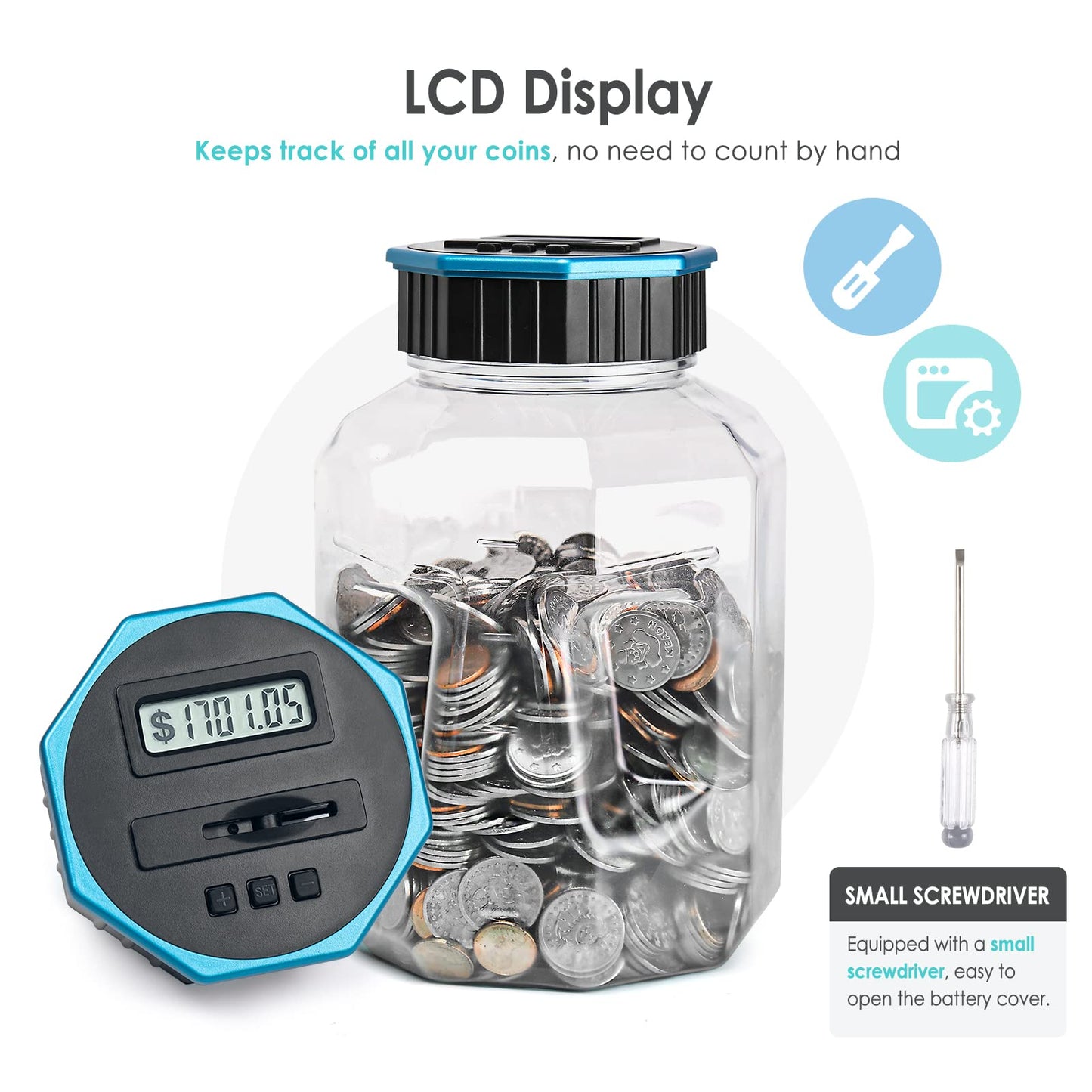 Vcertcpl X-Large Digital Coin Counter Piggy Bank | 2.4L Capacity, LCD Display