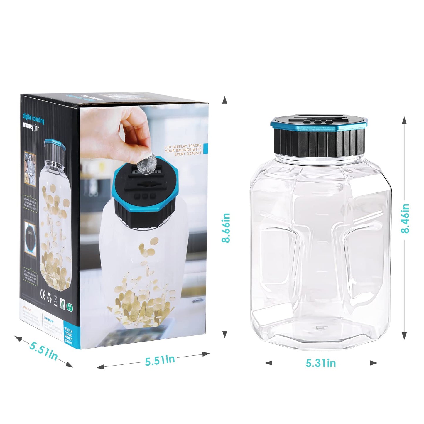 Vcertcpl X-Large Digital Coin Counter Piggy Bank | 2.4L Capacity, LCD Display