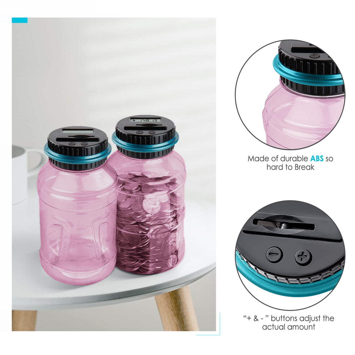 Vcertcpl Large Pink Piggy Bank | 1.8L Digital Coin Counter for US Coins