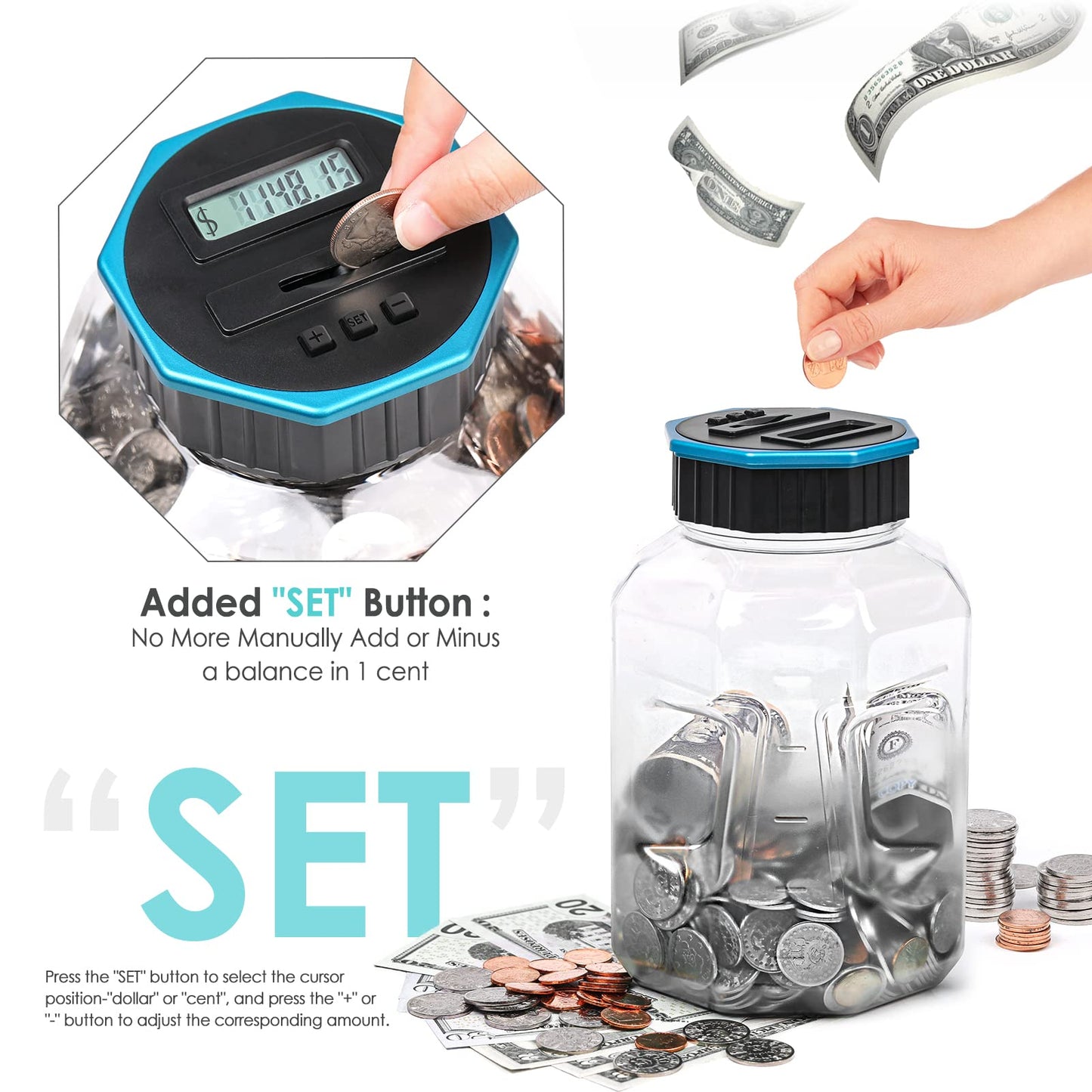 Vcertcpl X-Large Digital Coin Counter Piggy Bank | 2.4L Capacity, LCD Display