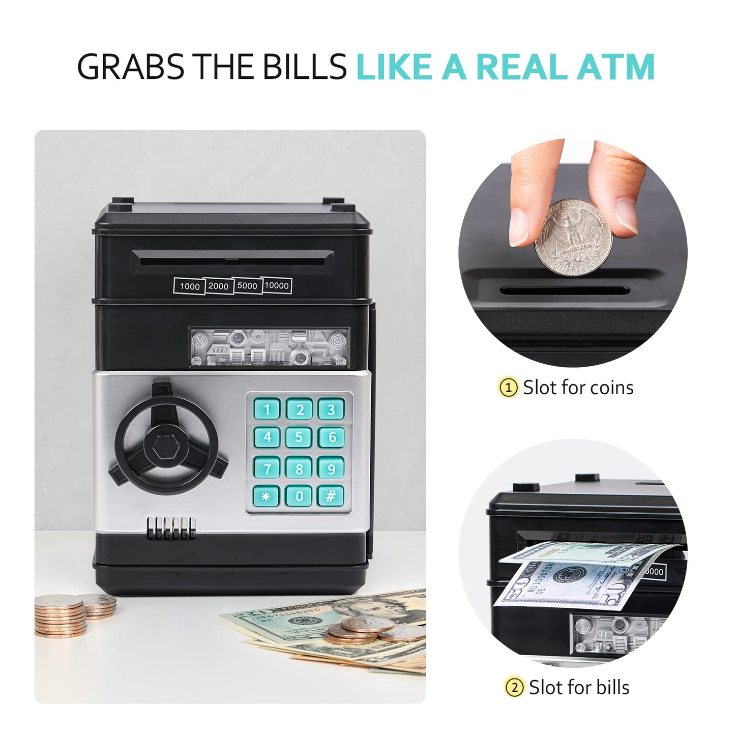 Vcertcpl Piggy Bank ATM with 4-Digit Code – Safe Money Jar for Kids