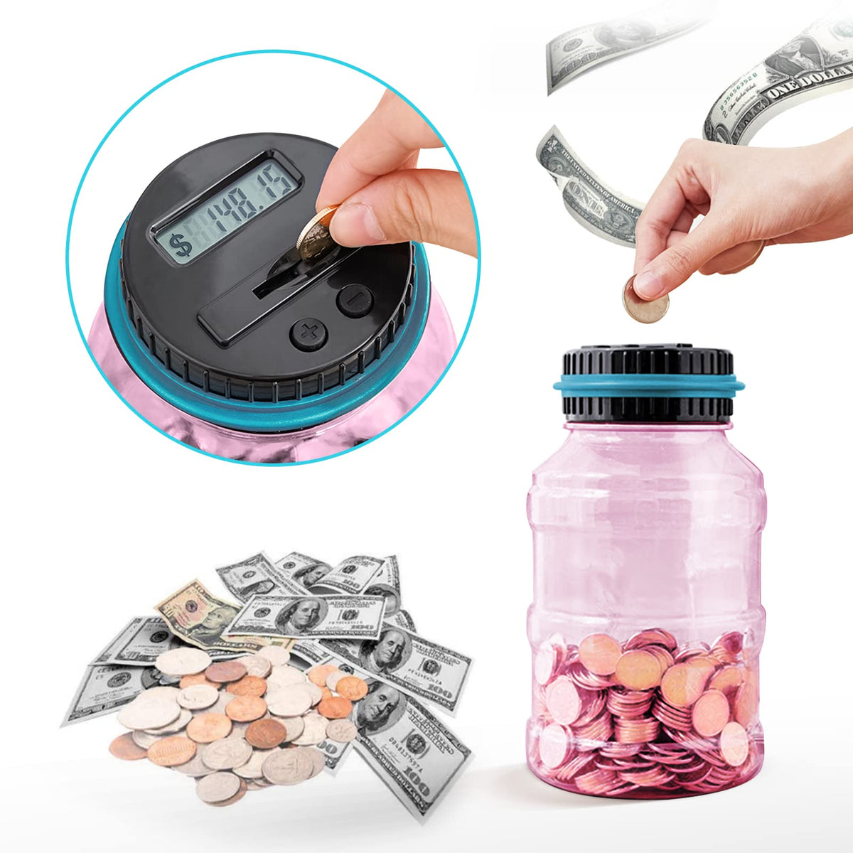 Vcertcpl Large Pink Piggy Bank | 1.8L Digital Coin Counter for US Coins