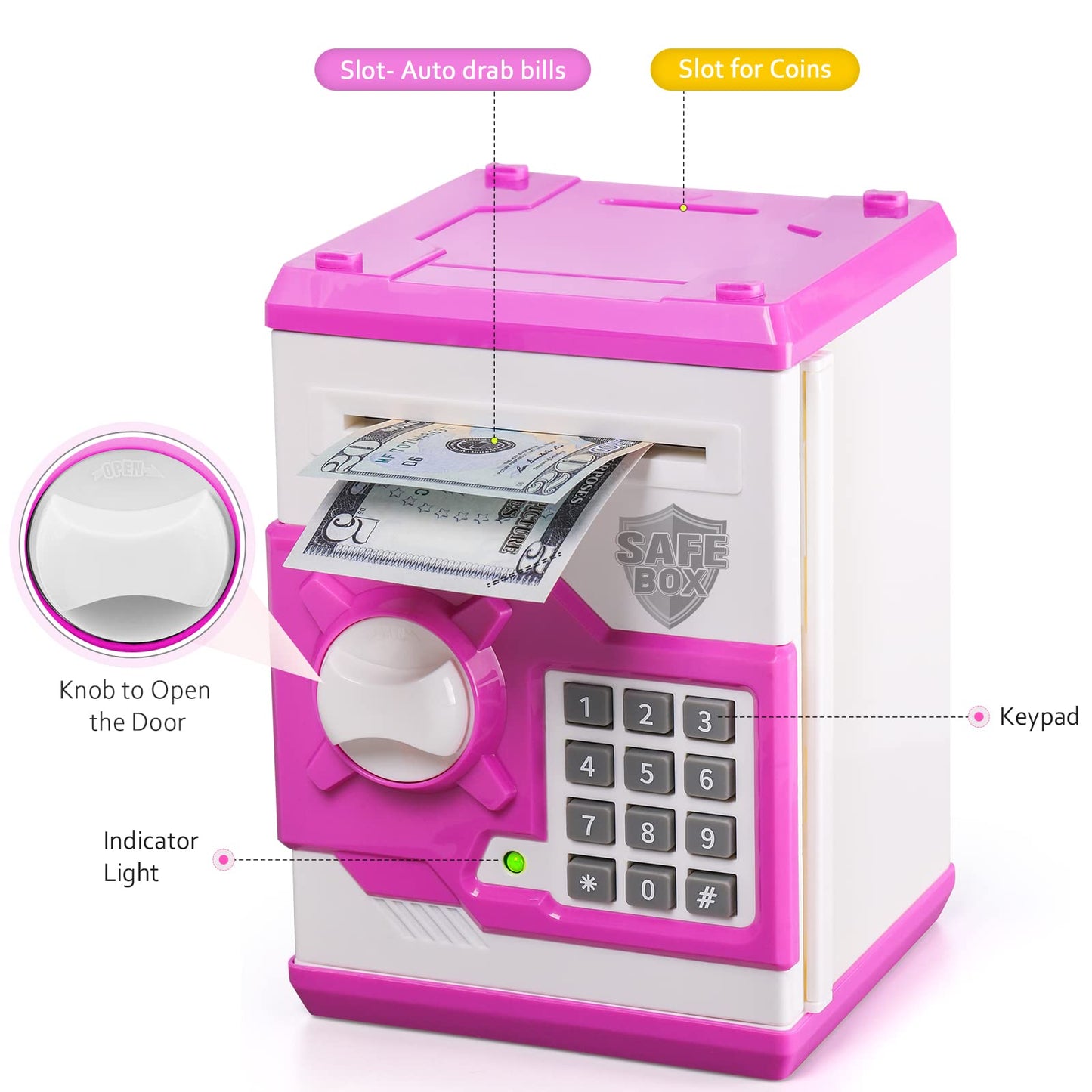 Vcertcpl ATM Piggy Bank for Kids – Mini Safe Money Jar with Password & Auto Bill Slot (Purple/White)