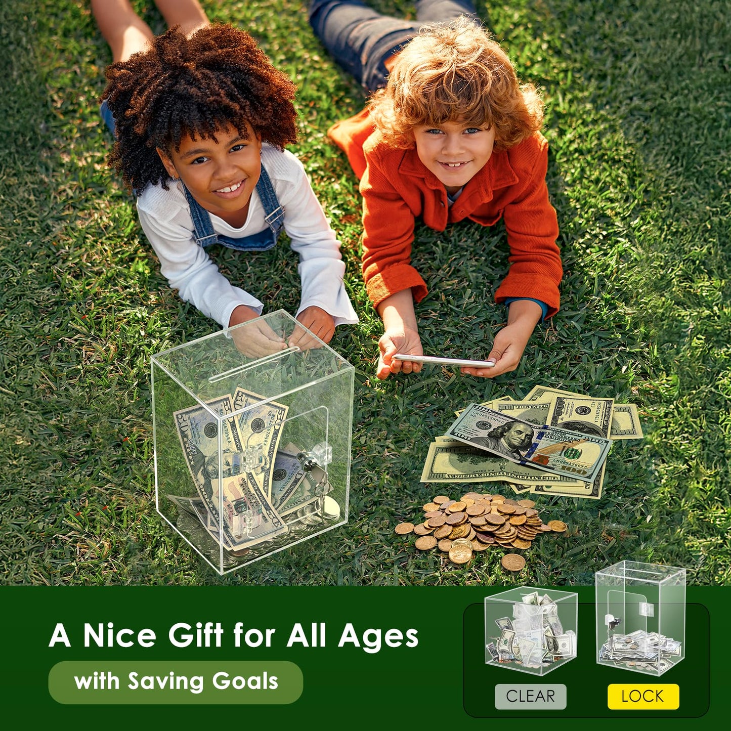 Vcertcpl X-Large Clear Piggy Bank with Lock – 3.6L Change Jar for Kids & Adults