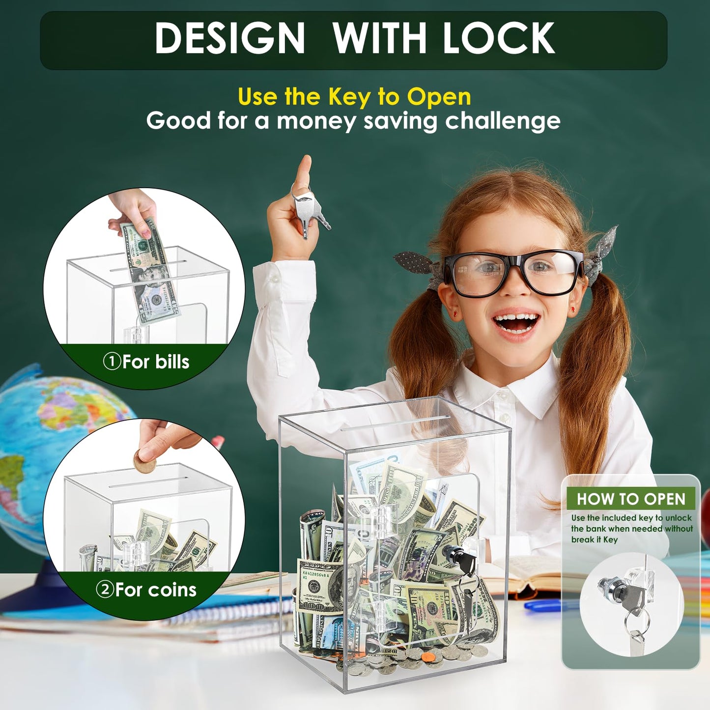 Vcertcpl X-Large Clear Piggy Bank with Lock – 3.6L Change Jar for Kids & Adults