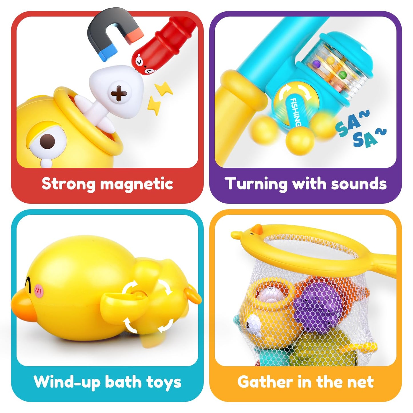 VConejo Magnetic Fishing Bath Toys for Toddlers Aged 1-3 | Bath Time Wind-Up Duck, Net & Fishing Rod