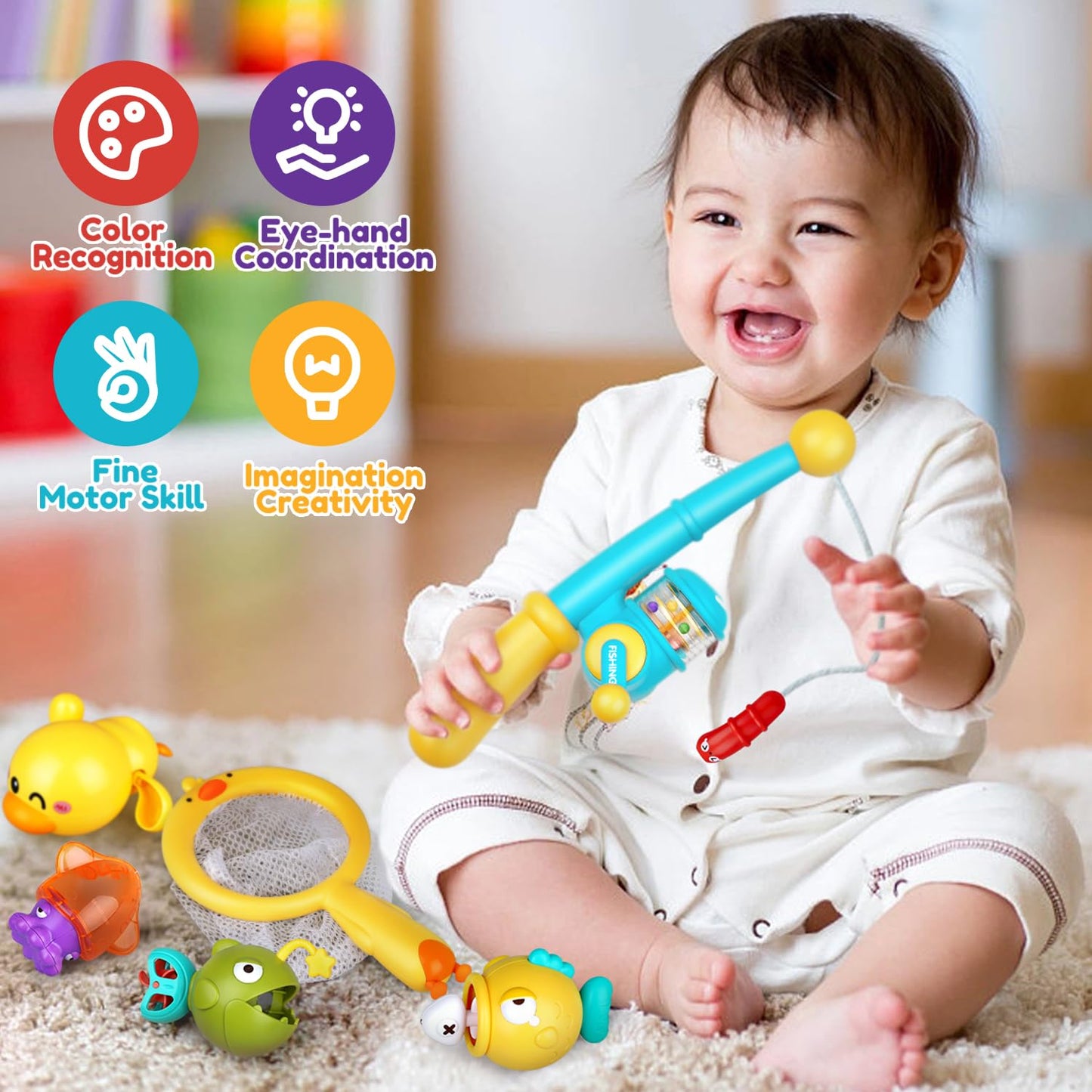 VConejo Magnetic Fishing Bath Toys for Toddlers Aged 1-3 | Bath Time Wind-Up Duck, Net & Fishing Rod