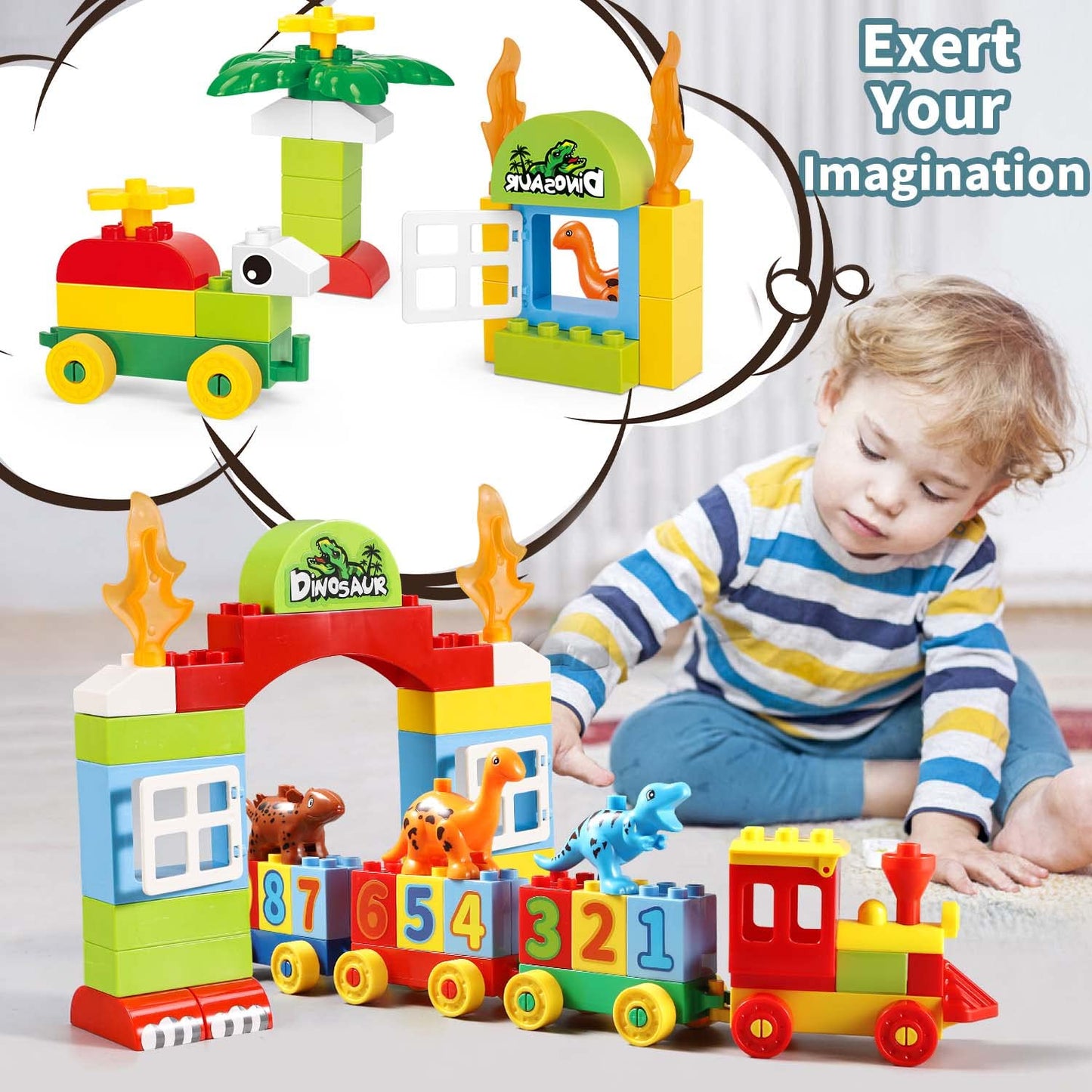 VConejo Dinosaur Building Blocks Toys — Jurassic 2-in-1 Number Train & T-Rex, Compatible With All Major Brands
